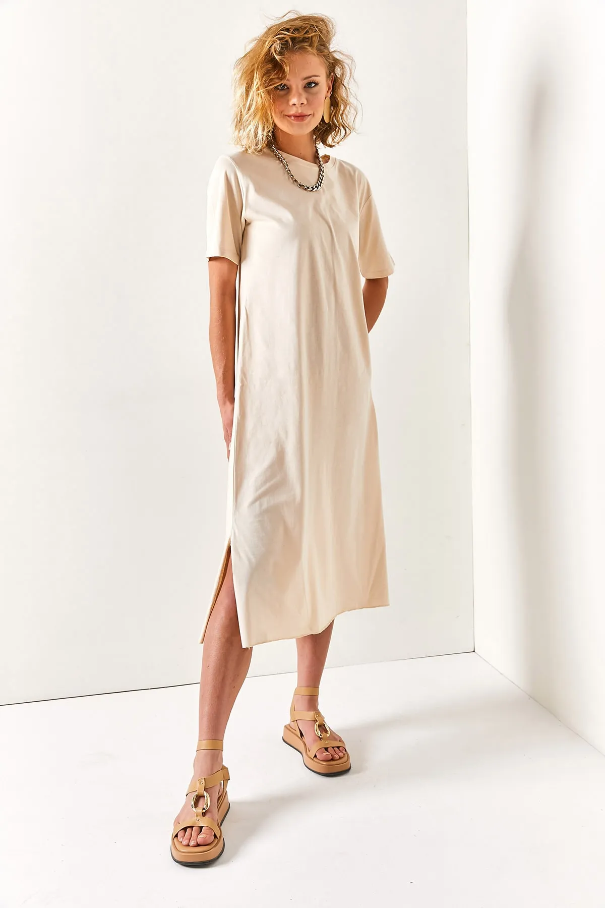 Olalook  Damen-Stone-Side-Slit-Oversize-Baumwollkleid ELB-19001880