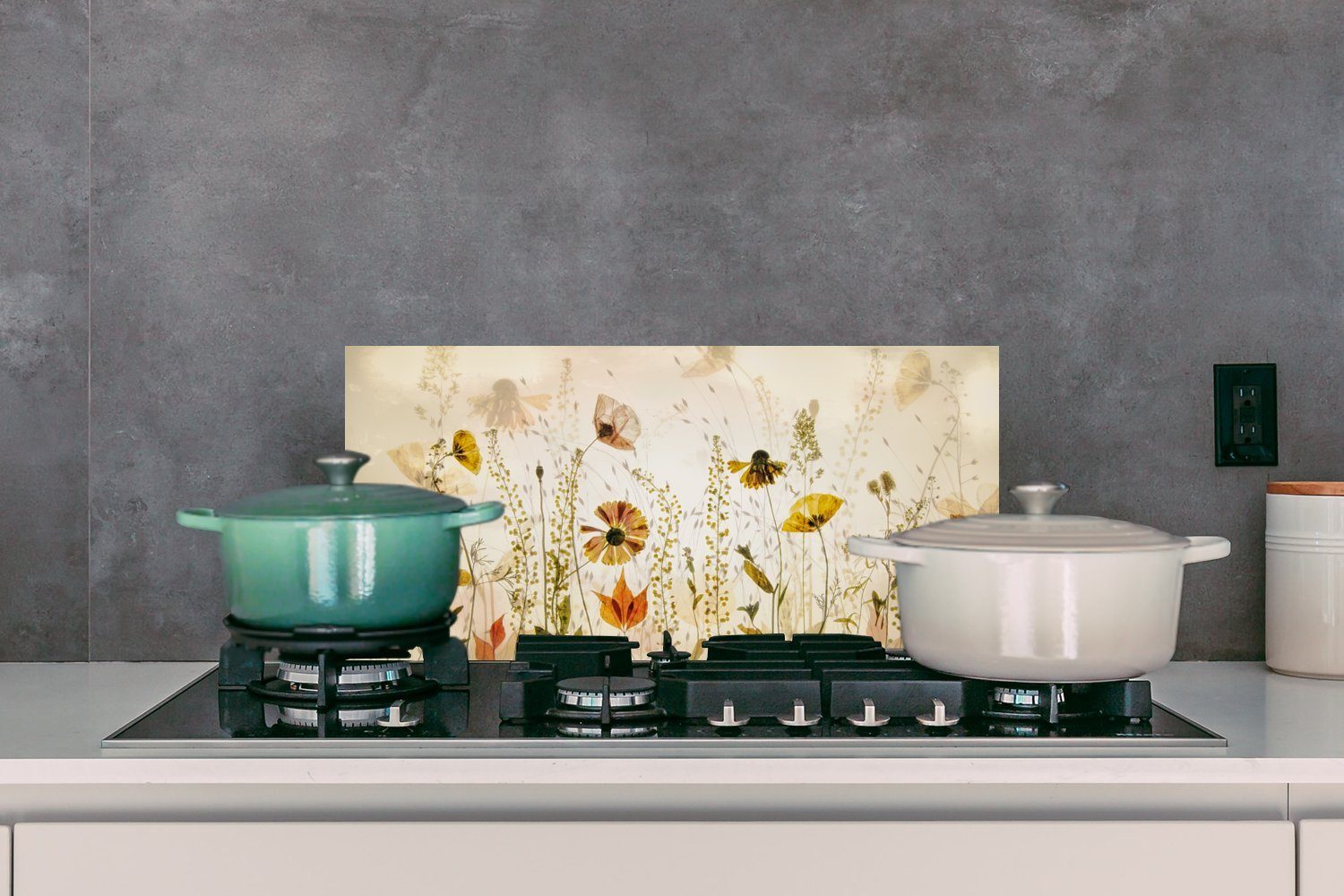 MuchoWow Küchenrückwand Illustration - Pflanzen - Insekten - Beige, (1-tlg), 60x30 cm, Wandschutz, gegen Fett und Schmutzflecken für Küchen