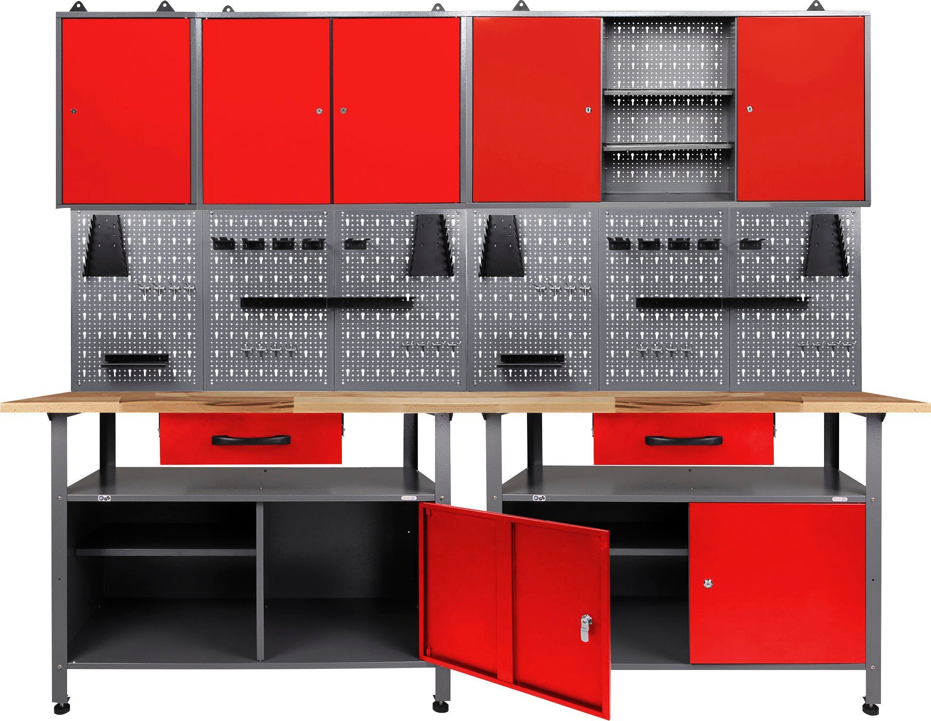 ONDIS24 Werkstatt-Set, 2x Werkbank, 2x Werkstattschrank, 2x Lochwand