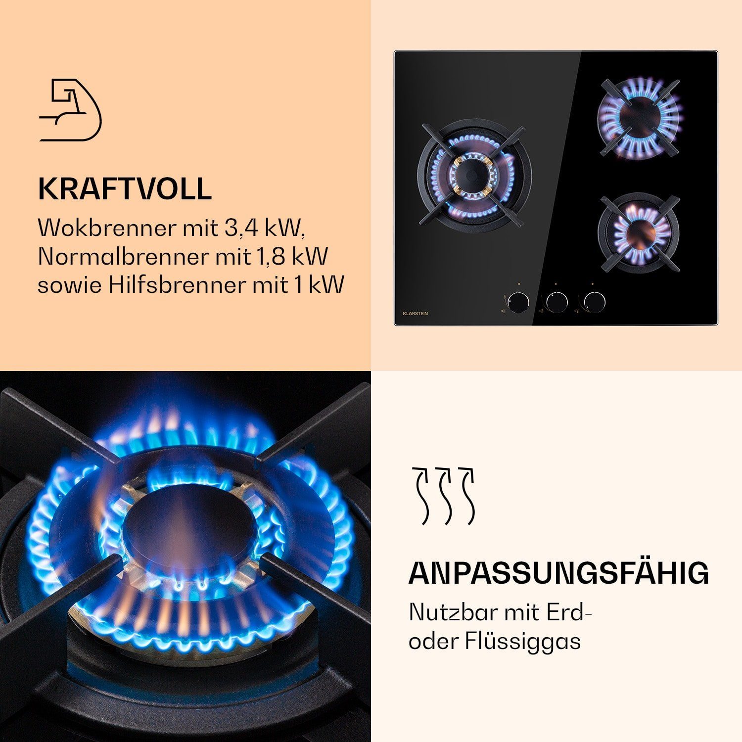 Klarstein Gas-Kochfeld Goldflame 3 Gaskochfeld 3-flammig Messing-Brenner Glaskeramik CP11-Goldflame-3, Einbau Gas Kochfeld 3 Platten Herdplatte Kochplatte Einbaukochfeld