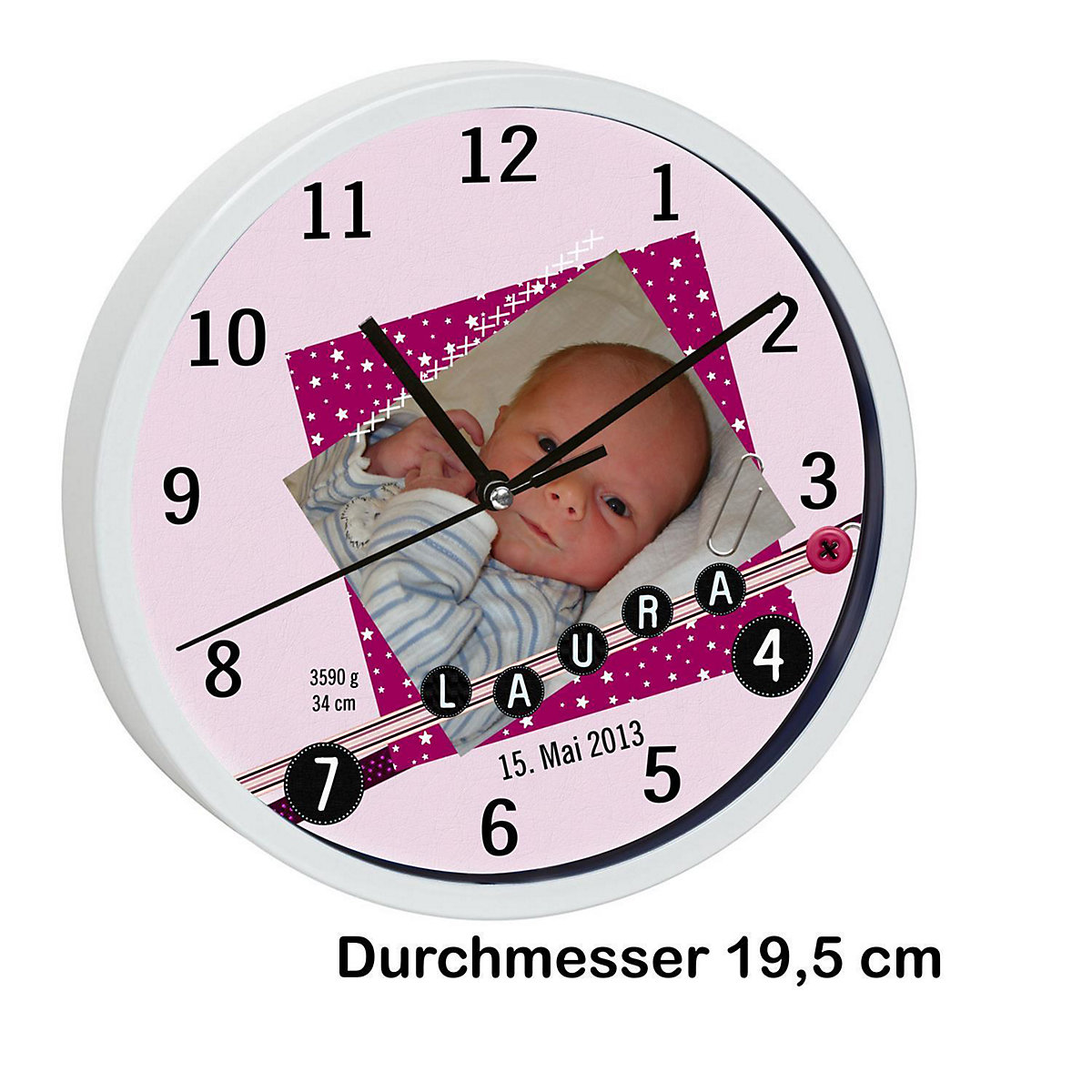 Kinder Wanduhr laufruhig personalisiert mit Name Scrapbooking rosa