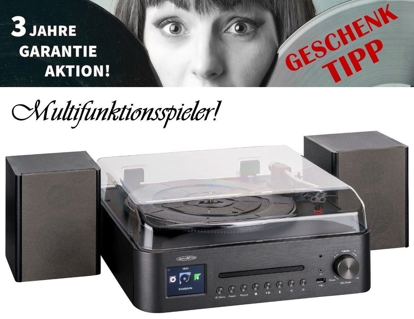 Reflexion HIF2078INT Plattenspieler mit Lautsprecher Multifunktionsspieler (Plattenspieler mit Internetradio, UKW/DAB+, Bluetooth, MP3/CD, AUX-IN)