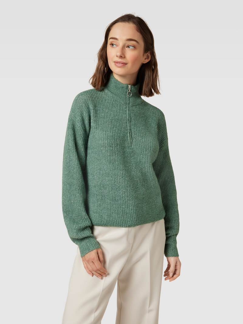 Strickpullover mit Troyer-Kragen Modell 'MILI' in dunkelgrün meliert