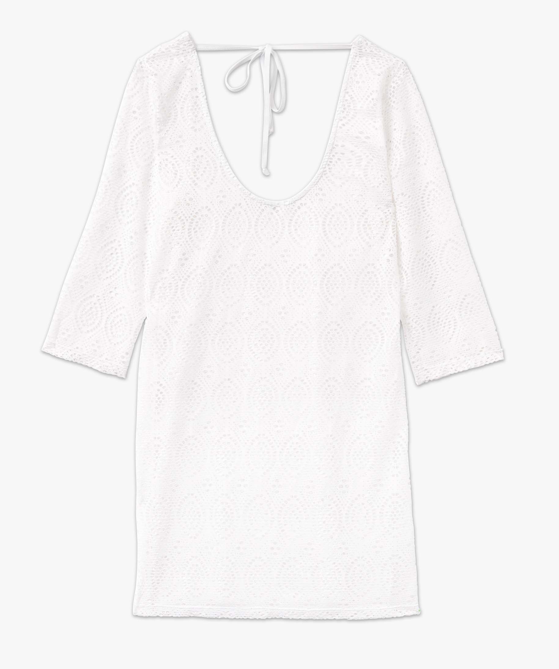 Robe de plage femme en maille ajourée à manches 3/4 blanc | GEMO