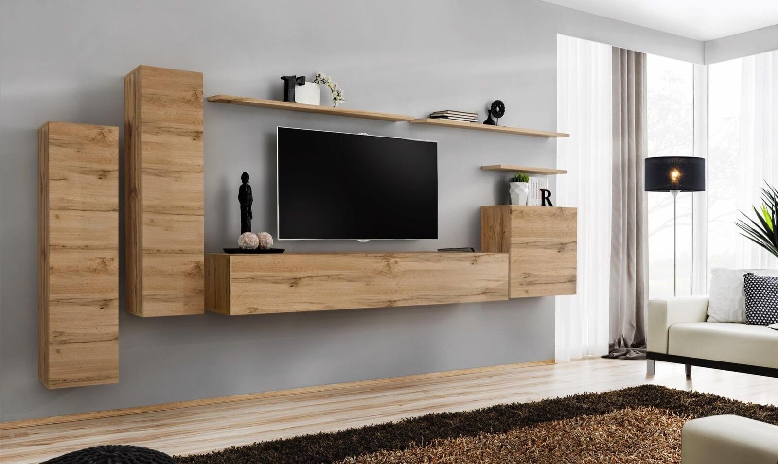 JVmoebel Wohnzimmer-Set Braun Wohnwand Wohnzimmer Möbel Modern Wandregale Designer, (8-St., 1x Wohnwand + 1x TV Ständer + 3x Wandschrank + 3x Wandregal), Made in Europa
