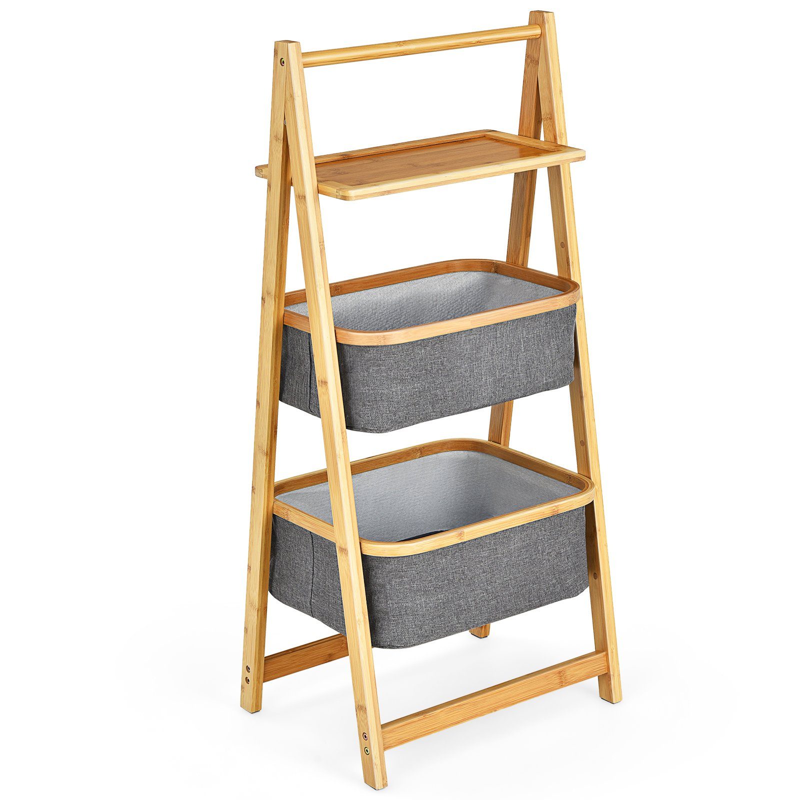 COSTWAY Leiterregal, Bambus, A-förmig, mit 2 Wäschekorb & Ablage, 44x34x98cm