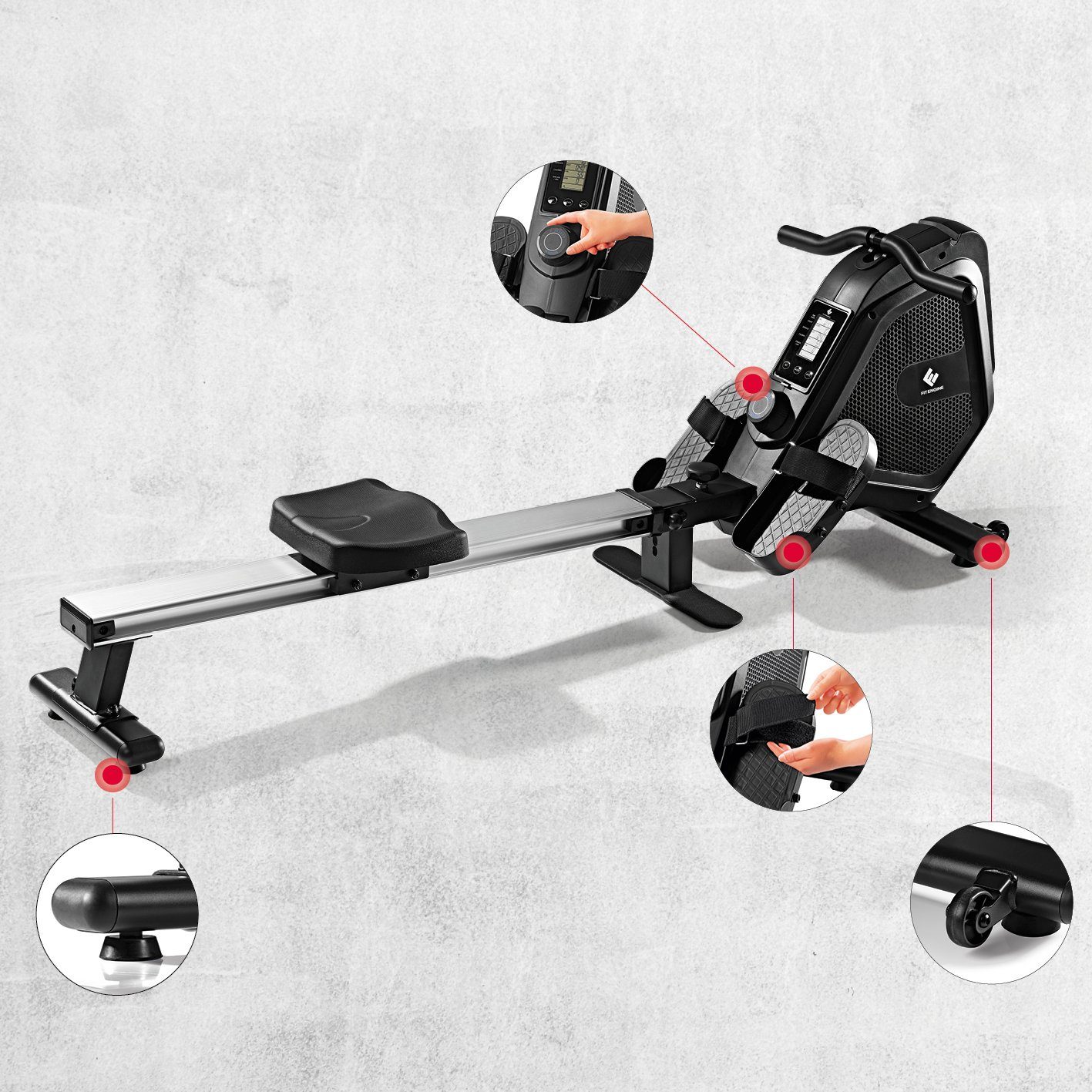 FitEngine Rudergerät mit Magnetwiderstand, 179cm schwarz/silber inkl. Tablethalterung klappbar