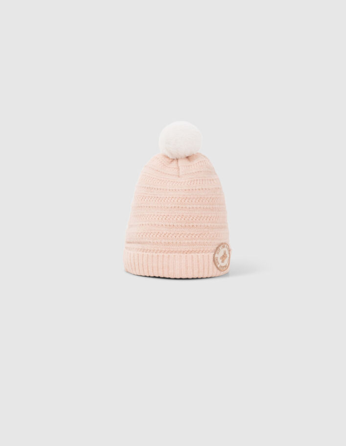 Bonnet rose tricot fantaisie lurex badge bronze fille
