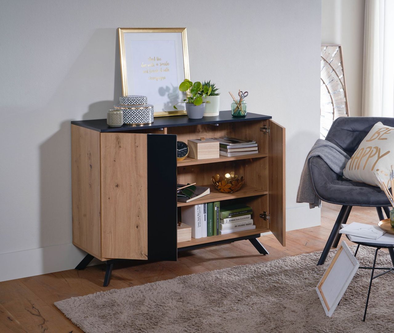 Skyport WOHNLING Sideboard 110x87x40 cm MDF Eiche Dekor Kommode Anrichte Standschrank