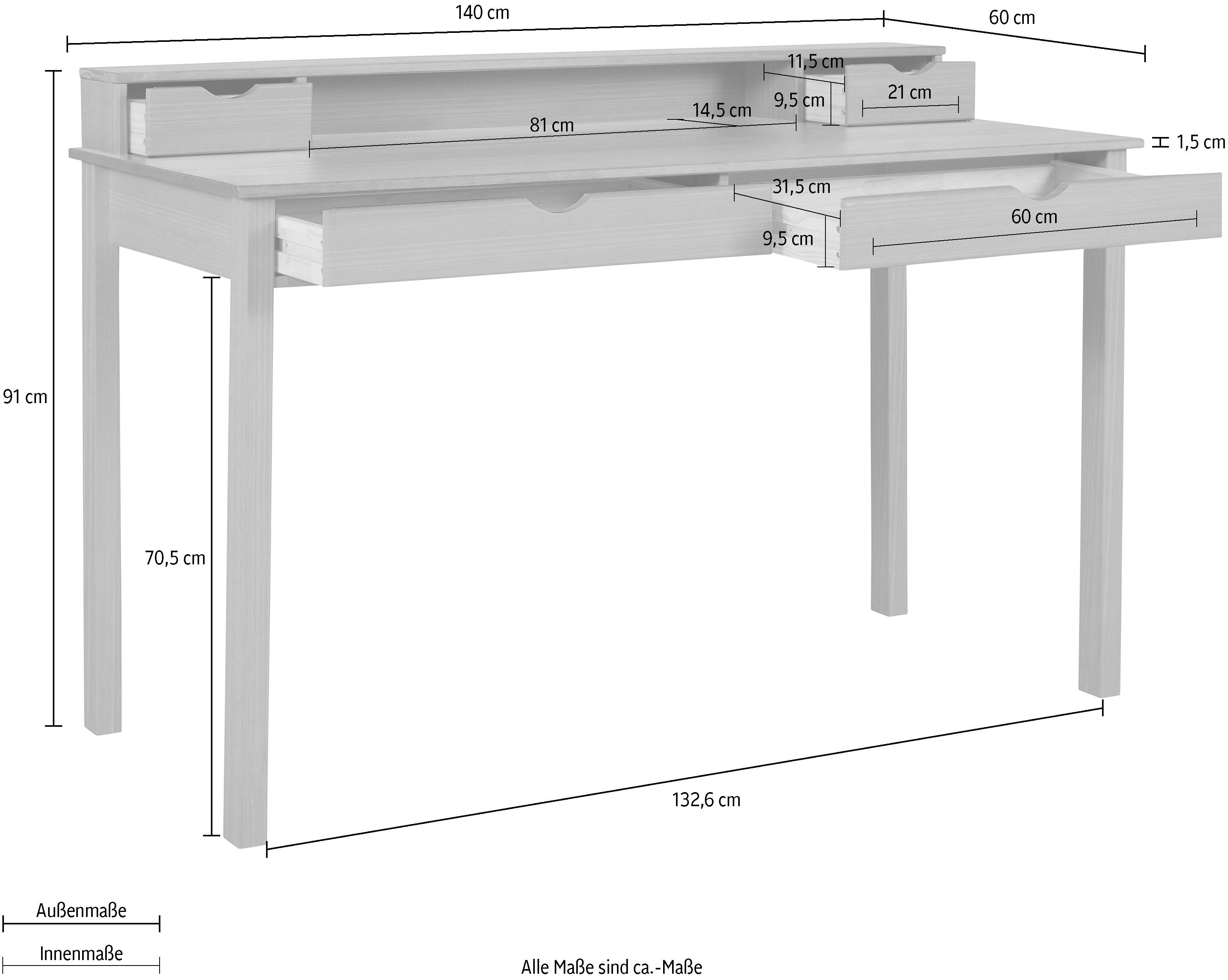 INOSIGN Schreibtisch Gava, aus massiven Kiefernholz, mit praktischen Griffmulden, Breite 140 cm