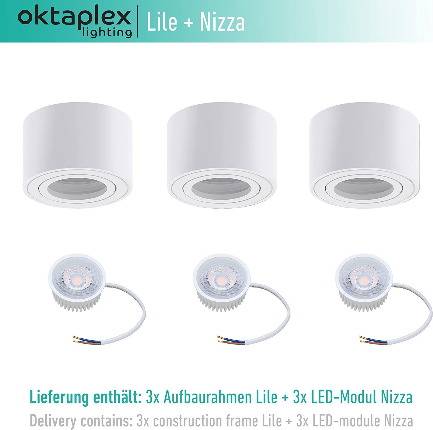 Oktaplex lighting LED Deckenstrahler 3 Stück Aufbauspots inkl. LED Leuchtmittel 5W 380 Lumen, Dimmbar, Leuchtmittel wechselbar, warmweiß, 3000 Kelvin 230V 30° schwenkbar Höhe 50mm weiß