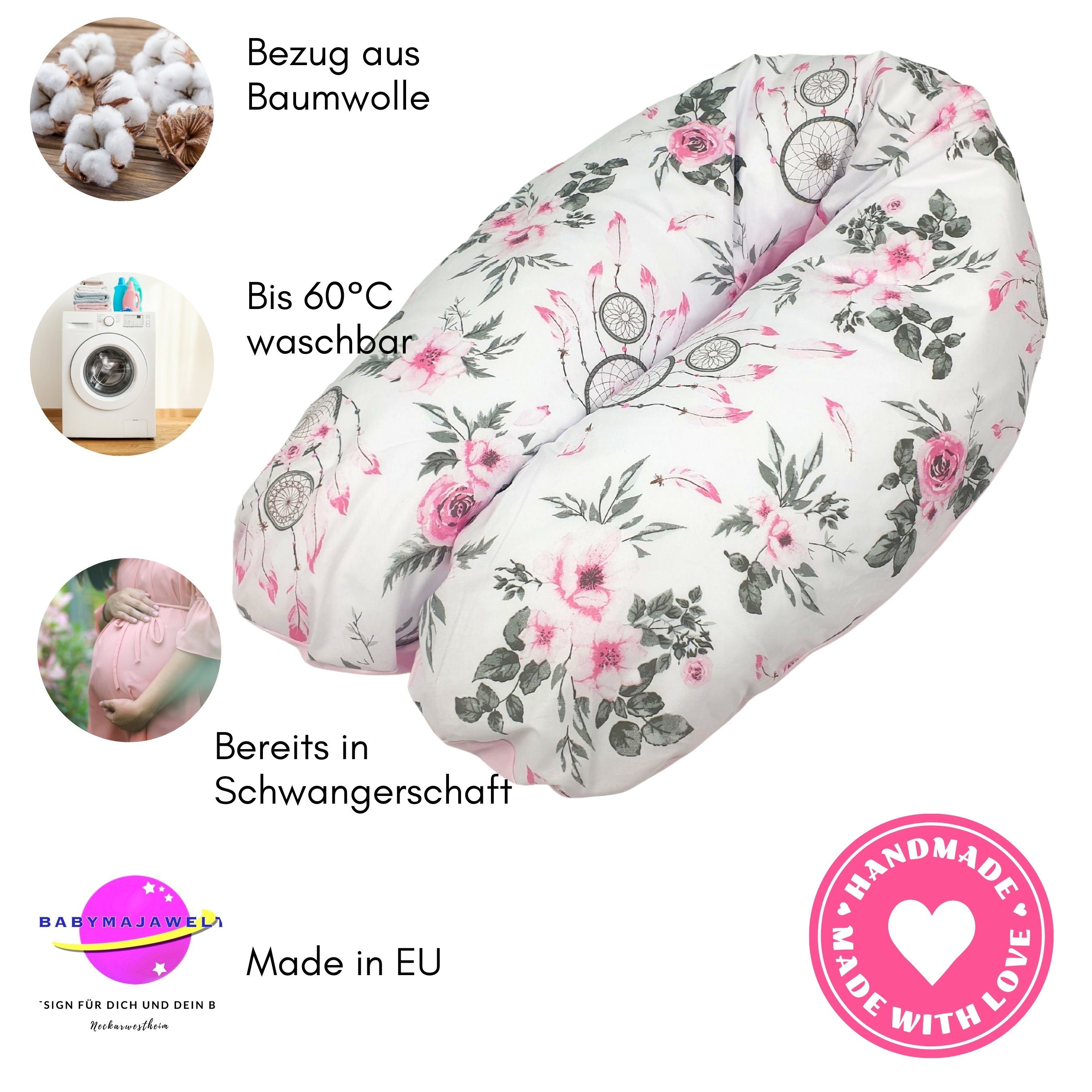 Babymajawelt Stillkissen Stillkissen mit Perlenfüllung, Schwangerschaftskissen, Seitenschläferkissen inkl. Bezug, Mikroperlenfüllung 1-2mm, XL 190x64, Made In EU, Prall gefüllt, Individuell anpassbar