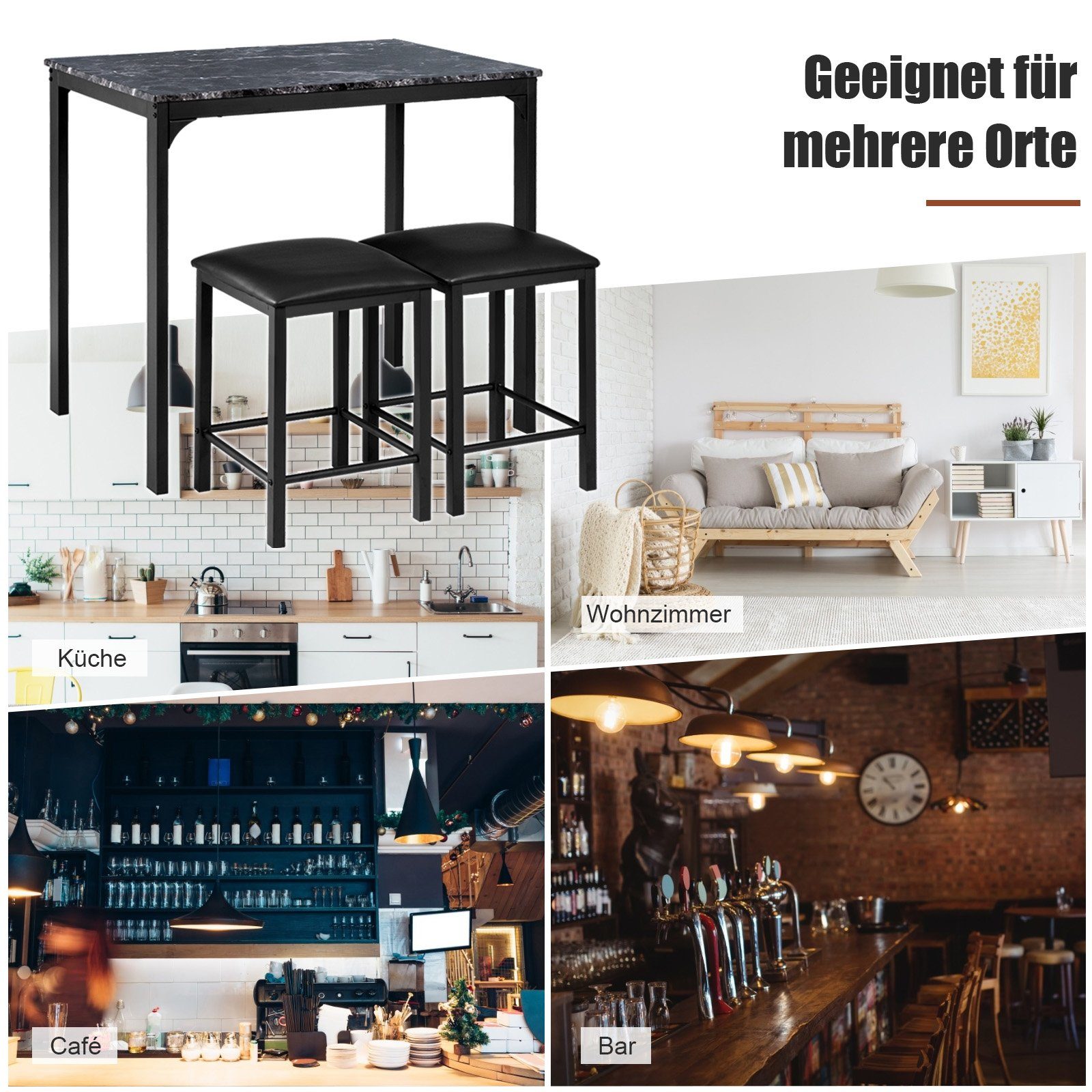 COSTWAY Essgruppe, 3 teilig, Esstisch mit 2 Stühlen, gepolstert, Metall