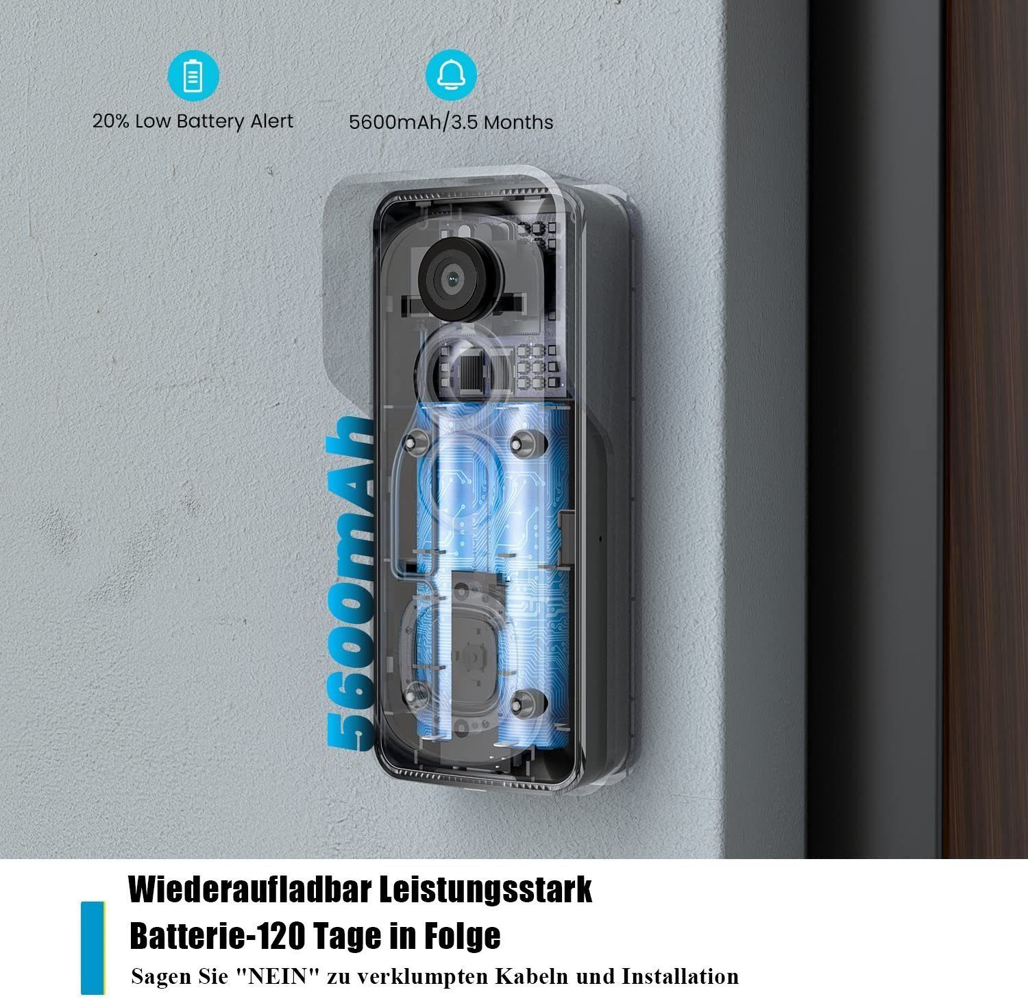 ieGeek Türklingel 2K Video-Türklingel mit Chime,Kabellos Smart Home klingel & SD-Karte (2,4-GHz-WLAN Intelligente Türklingelkamera mit PIR Bewegungserkennung, 2-Wege-Audio,24/7-Daueraufzeichnung,Echtzeit-Benachrichtigung), Menschliche Erkennung,Cloud