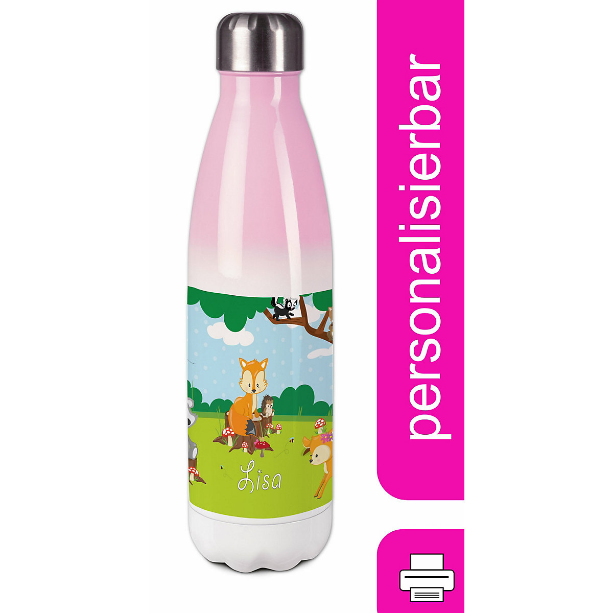 Edelstahl Kinder Thermoflasche / Trinkflasche bunt Waldtiere Spülmaschinenfest, Auslaufsicher, Bruchfest, Doppelwandig, Für Heißgetränke geeignet, Mit Deckel, Isoliert