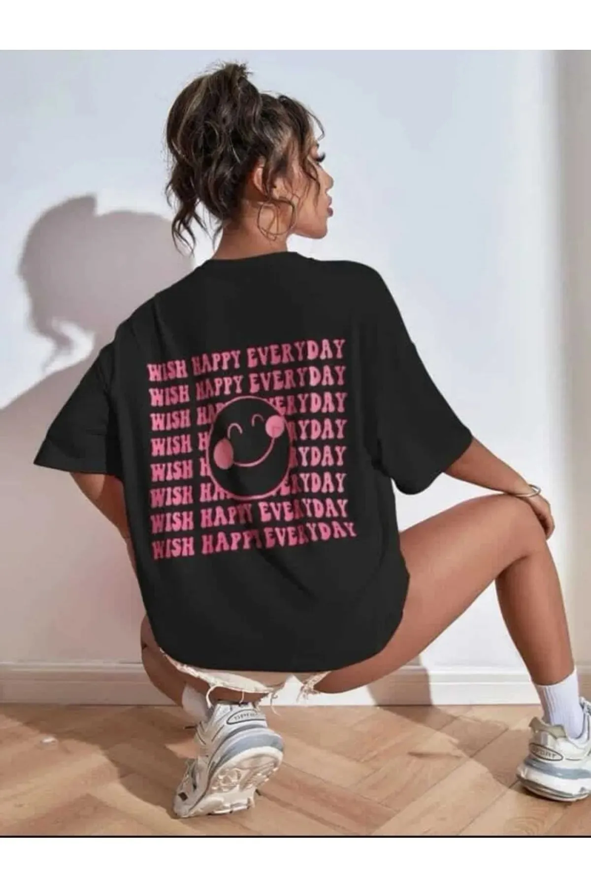 Know  Schwarzes Oversize-T-Shirt mit „Wish Happy Everyday“-Aufdruck für Damen