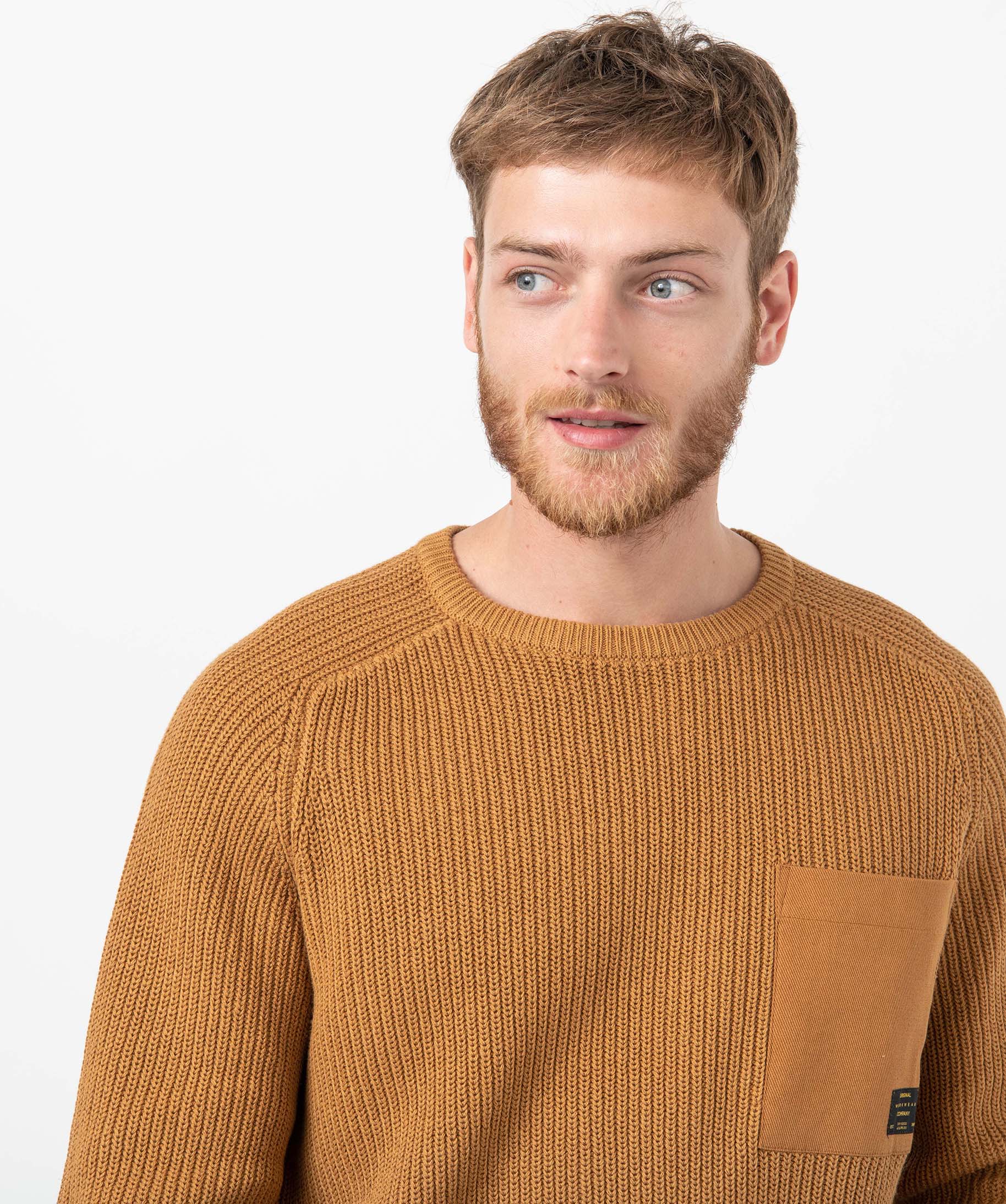 Pull homme uni en grosse maille avec empiècements marron | GEMO