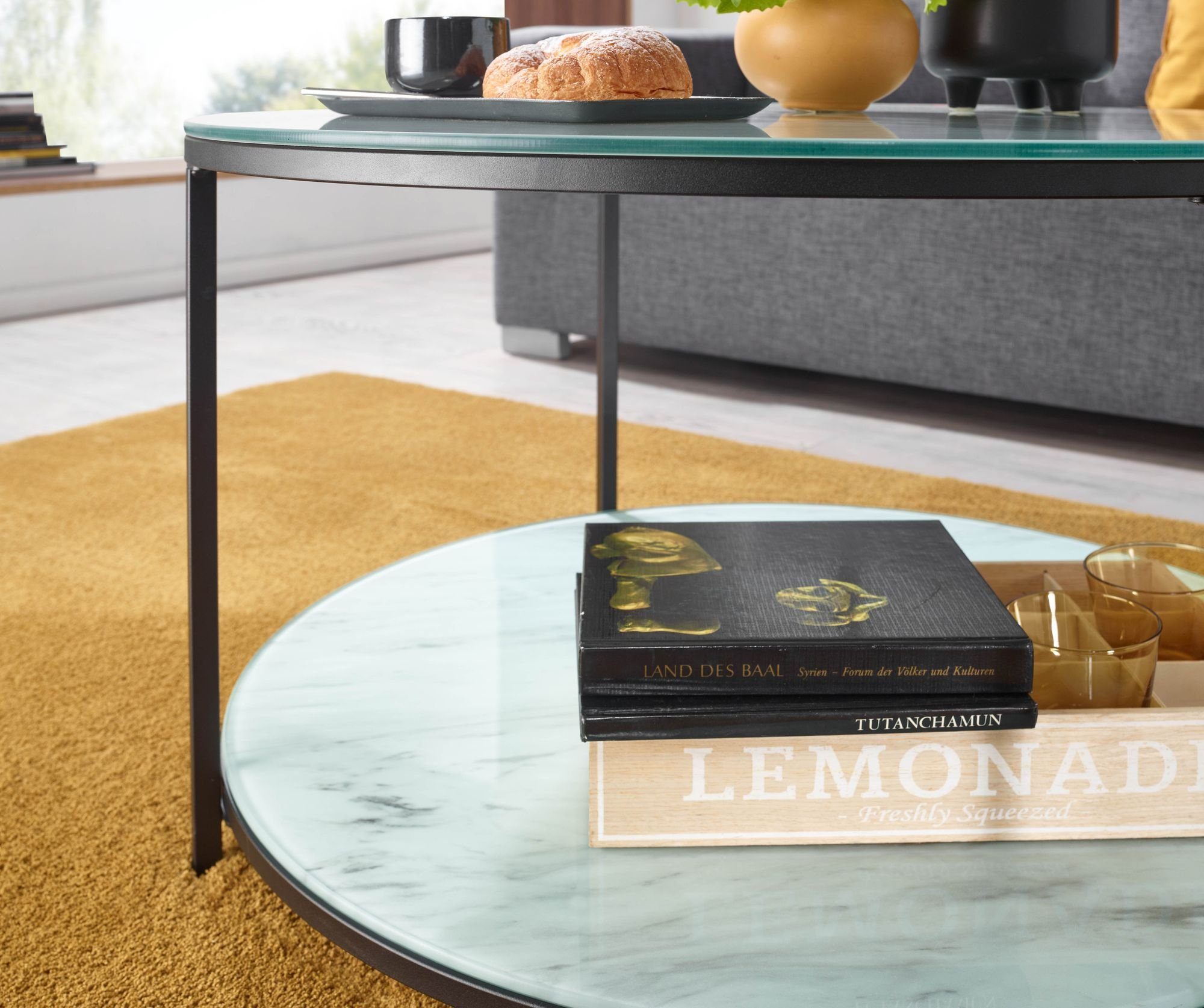 FINEBUY Couchtisch FB36843 (80x80x45 cm Glas Sofatisch Rund Marmor Optik Weiß), Wohnzimmertisch Kaffeetisch mit Metall-Gestell