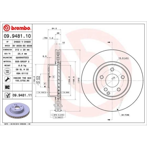 09.9481.11 BREMSSCHEIBE BREMBO VA  VP1 - ATU