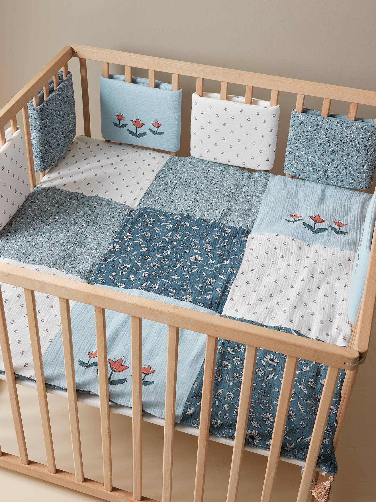 Vertbaudet Baby Bettumrandung/Laufgitterpolster INDIEN BLUME, Musselin Oeko-Tex - set blau