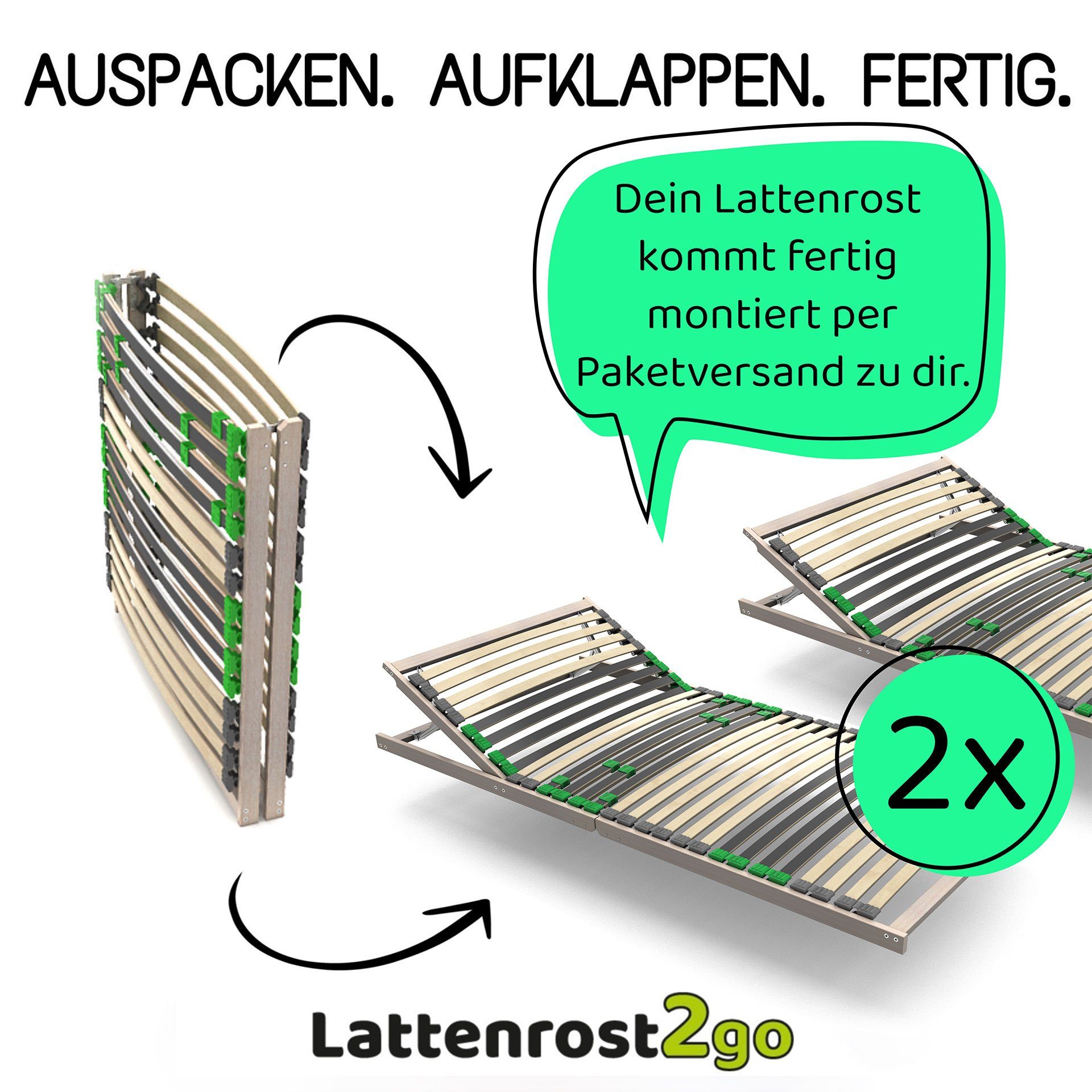 Lattenrost Lattenrost 100x200 - verstellbarer Härtegrad FERTIG MONTIERT - 2 Stück, Lattenrost2go, Kopfteil manuell verstellbar, Fußteil nicht verstellbar