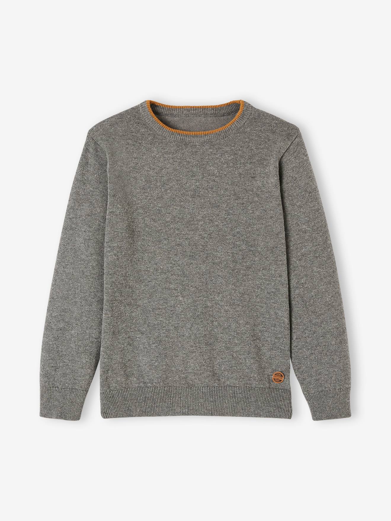 Vertbaudet Jungen Feinstrick-Pullover BASIC, personalisierbar - grau meliert