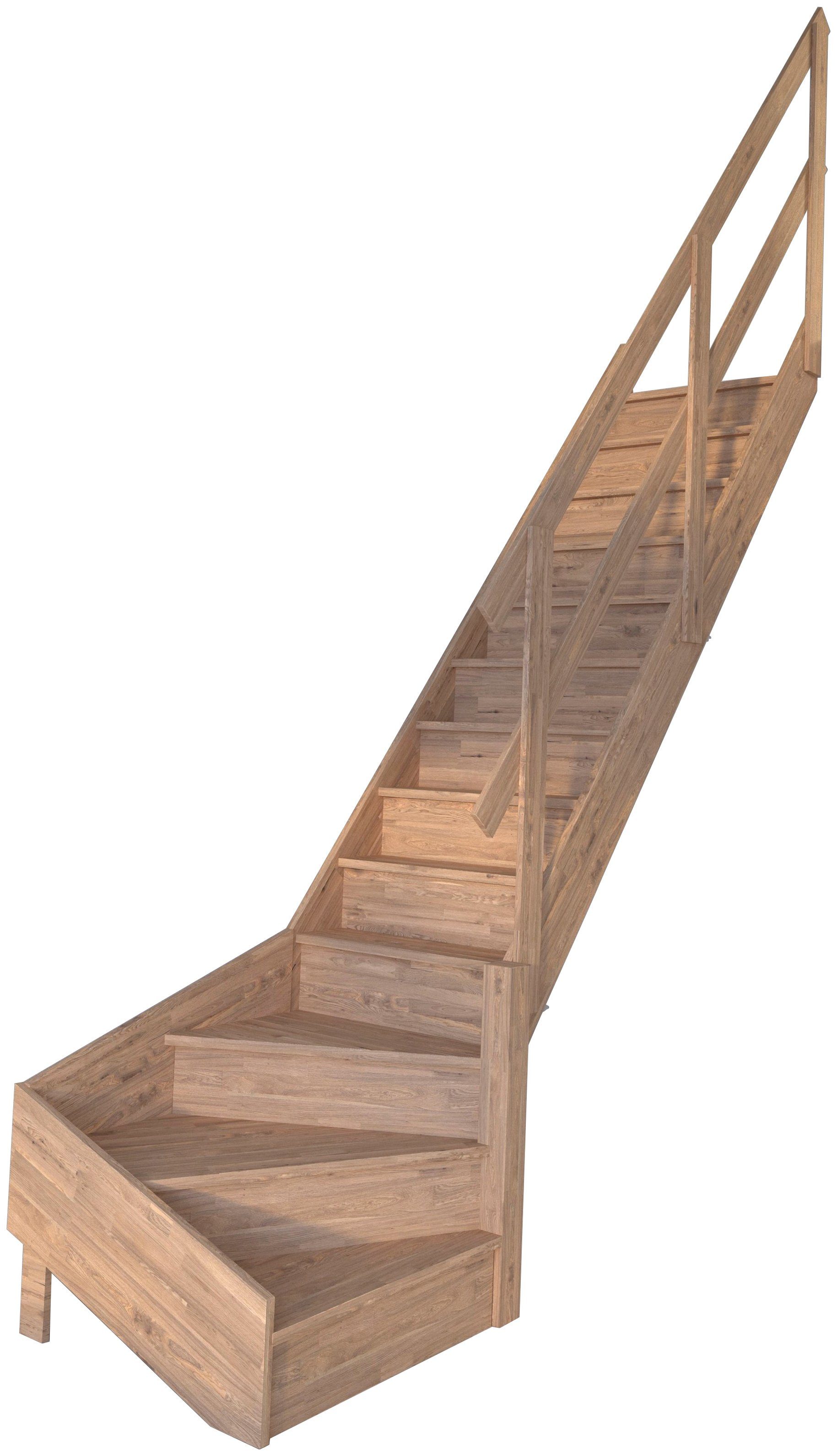 Starwood Raumspartreppe Massivholz Rhodos, Holzgeländer, für Geschosshöhen bis 300 cm, Stufen geschlossen, gewendelt Rechts, Durchgehende Wangenteile