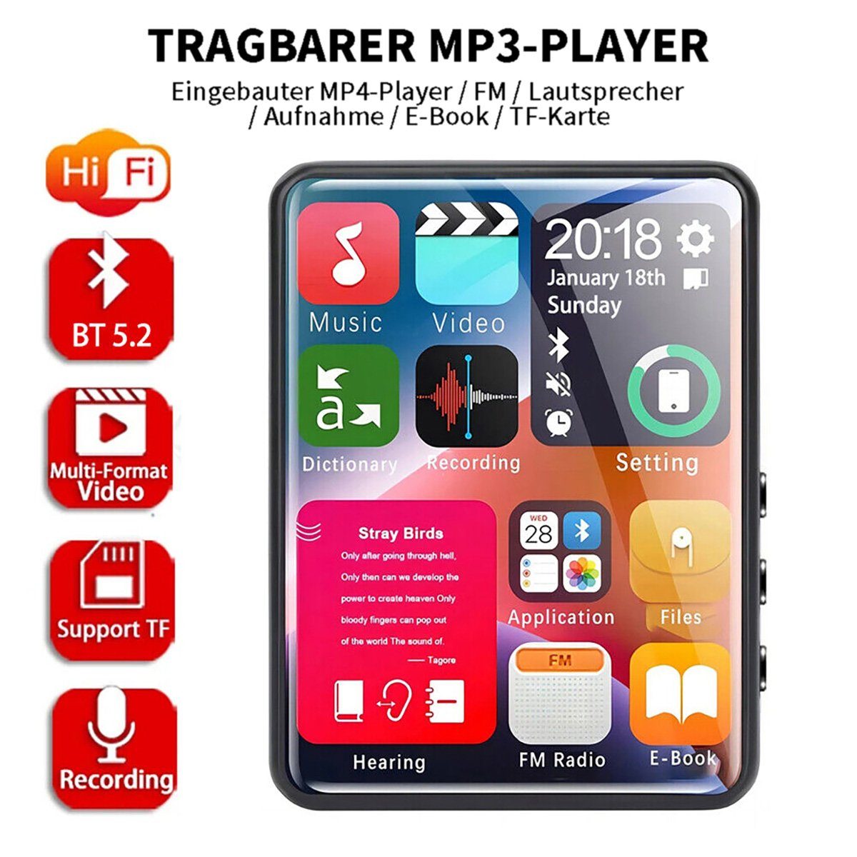 Yoyaxi Verlustfreie Klangqualität im kleinen, tragbaren Walkman MP4-Player (Touch-Player für einfache Bedienung unterwegs)