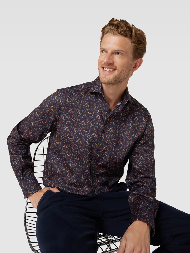 Comfort Fit Business-Hemd mit Allover-Muster in marineblau