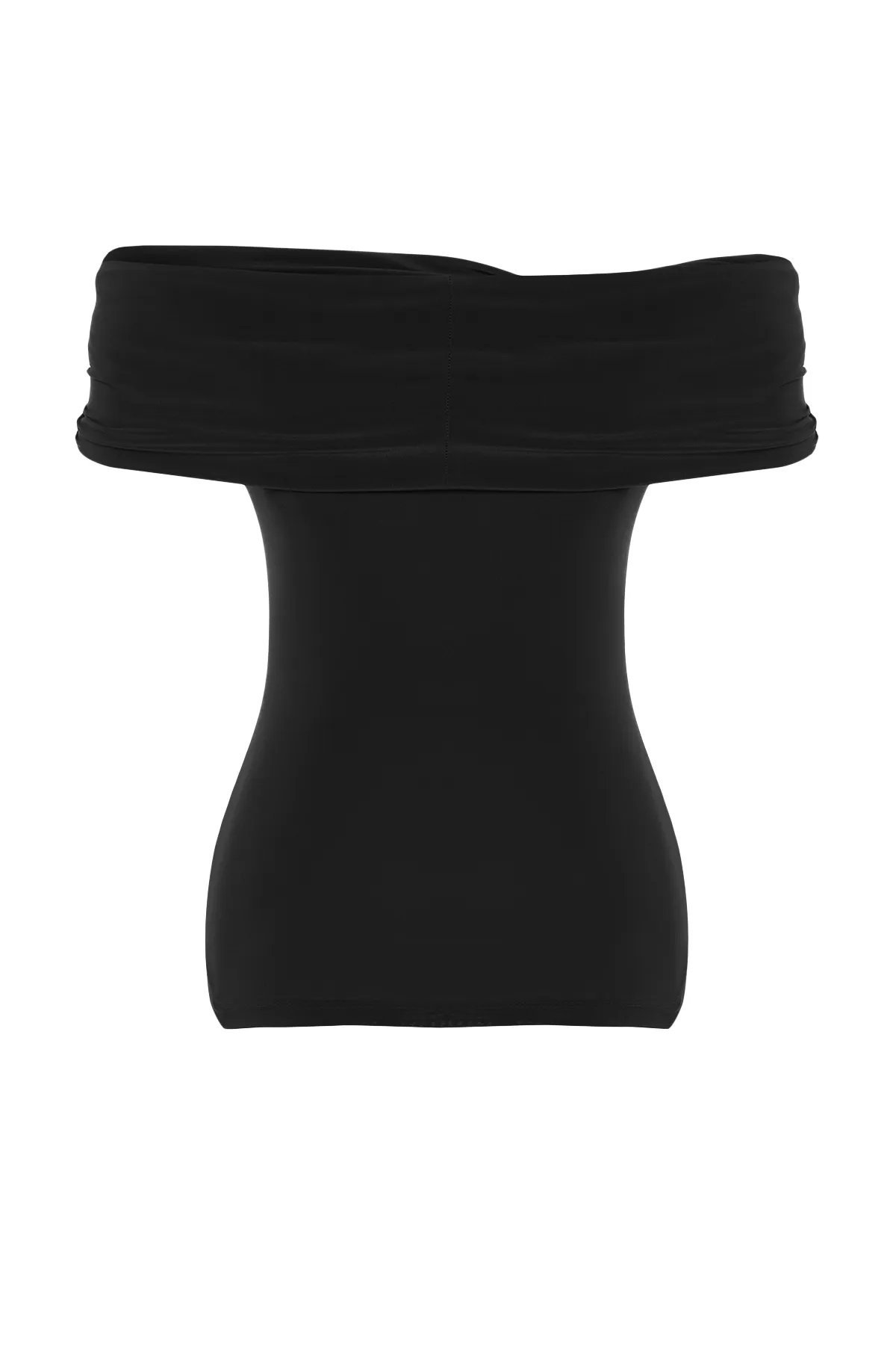 Trendyol Collection  Schwarze, taillierte, dehnbare, bauchfreie Strickbluse mit Carmenkragen TWOSS24BZ00368