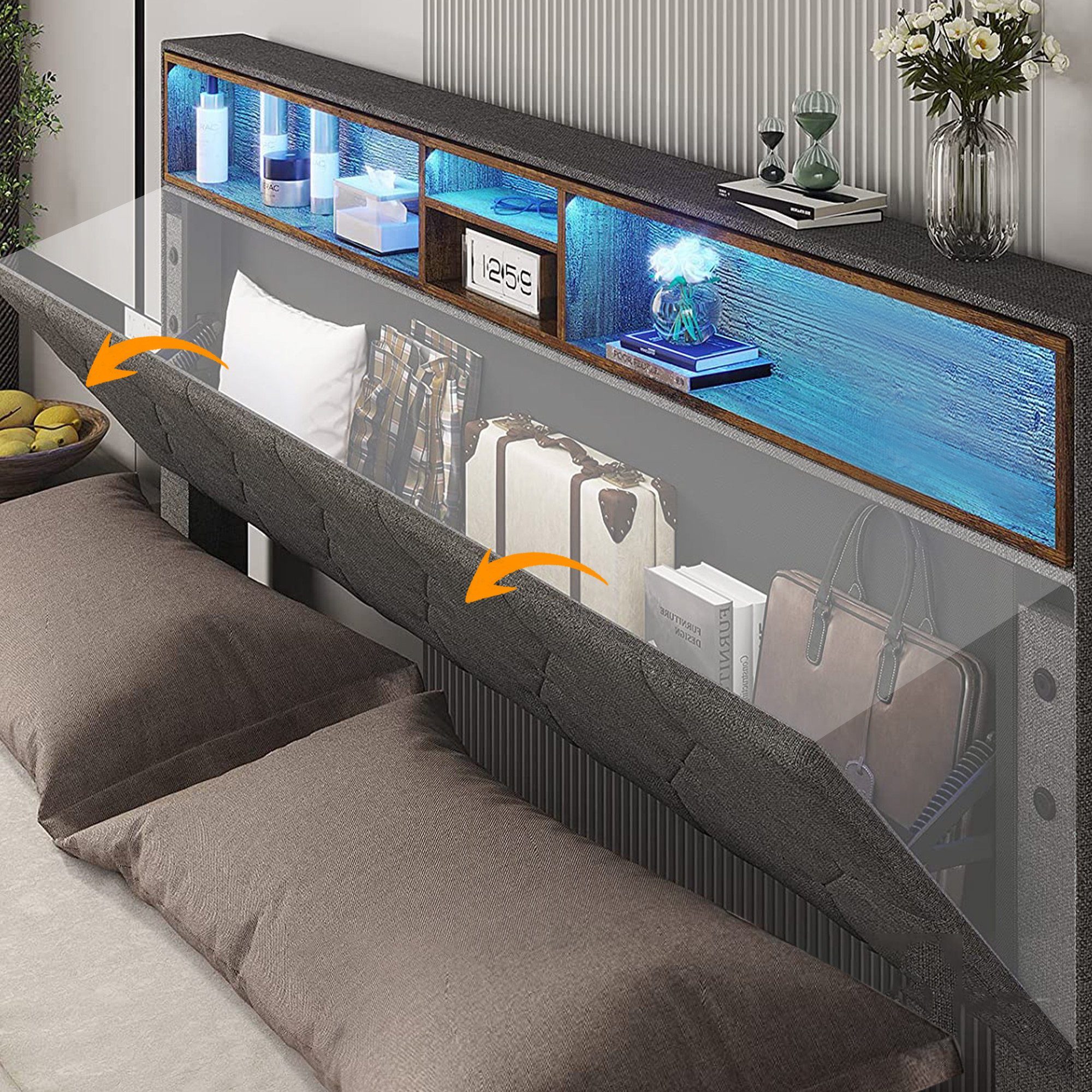 Flieks Polsterbett, LED-Beleuchtung Doppelbett mit Stauraum 140x200cm Leinen