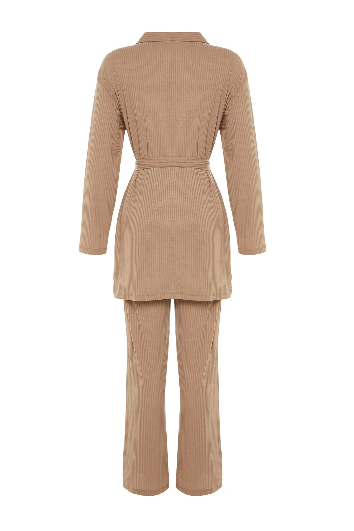 Trendyol Modest  Beiges Strick-Tunika-Hosen-Set mit Bindedetail vorne TCTSS23US00003