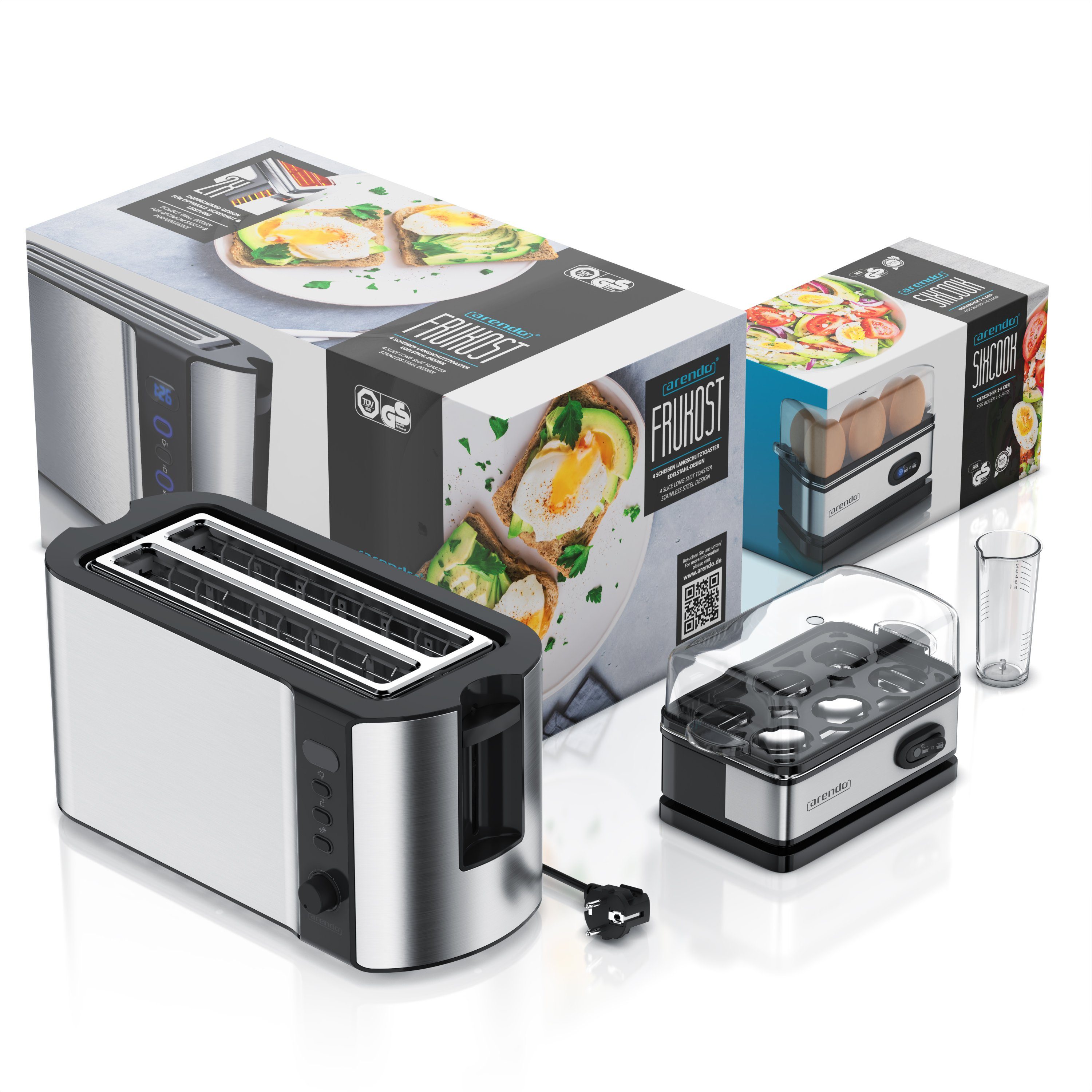 Arendo Frühstücks-Set (2-tlg), 4-Scheiben Langschlitz Toaster, 6er Eierkocher, Silber
