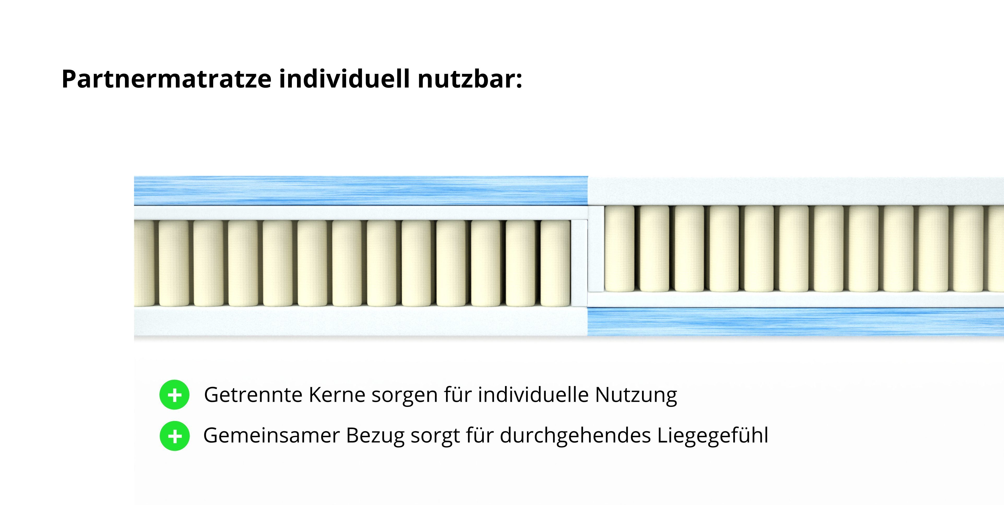 Taschenfederkernmatratze 7-Zonen Taschenfederkernmatratze mit Gel-Schaum Topper, Meos, 25 cm hoch, (Set), 90x200 cm, Besonderes zweifaches Liegegefühl, Matratze 90x200 cm mit Topperkern, H2 / H3, 4-seitiger Reißverschluss sorgt für abnehmbaren und wa