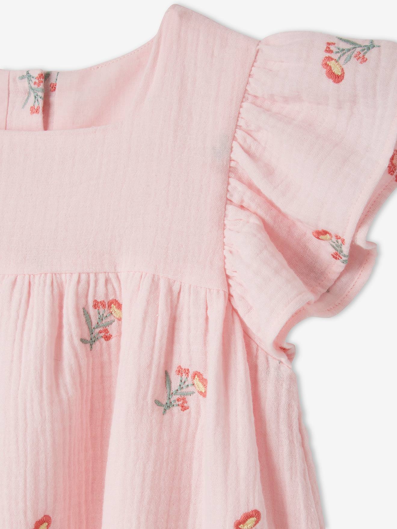 Robe brodée fleurs en gaze de coton fille rose