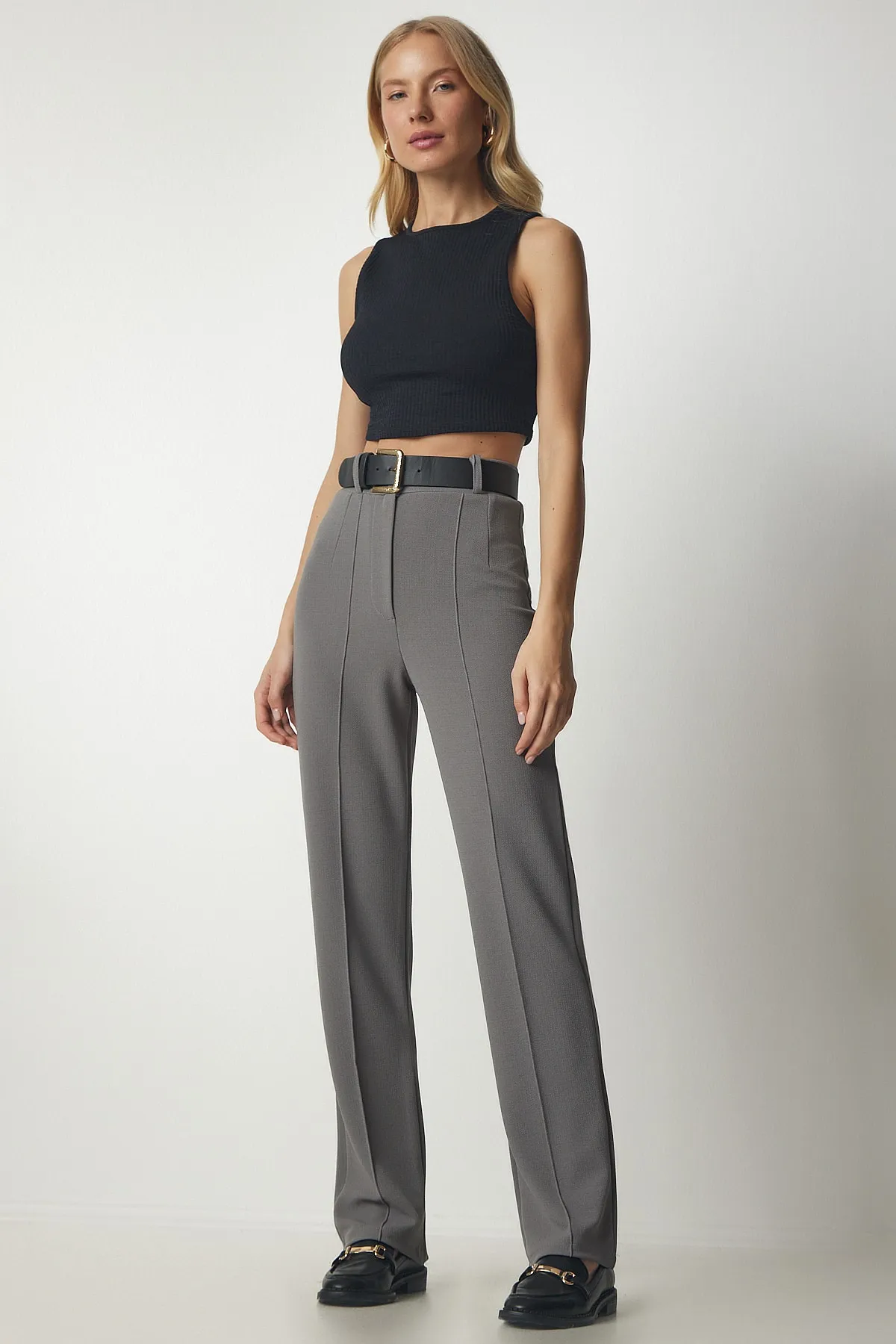 Happiness İstanbul  Graue bequeme Strickhose mit hoher Taille für Damen rv00132