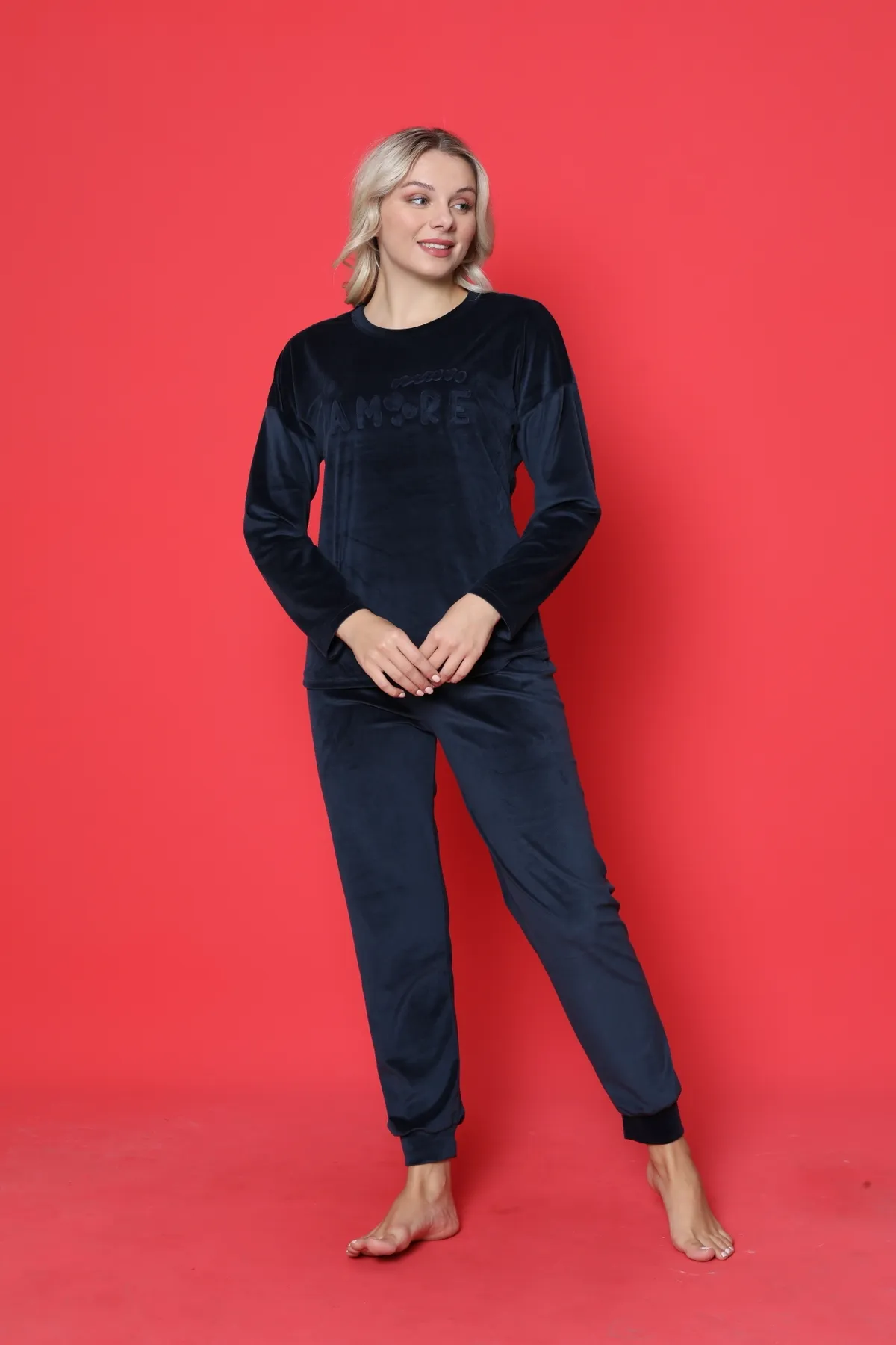 AHENGİM  Pyjama-Set für Damen, französischer Samt, Amore, bedruckt, Spatenmanschette, Winter, saisonal, W20432250