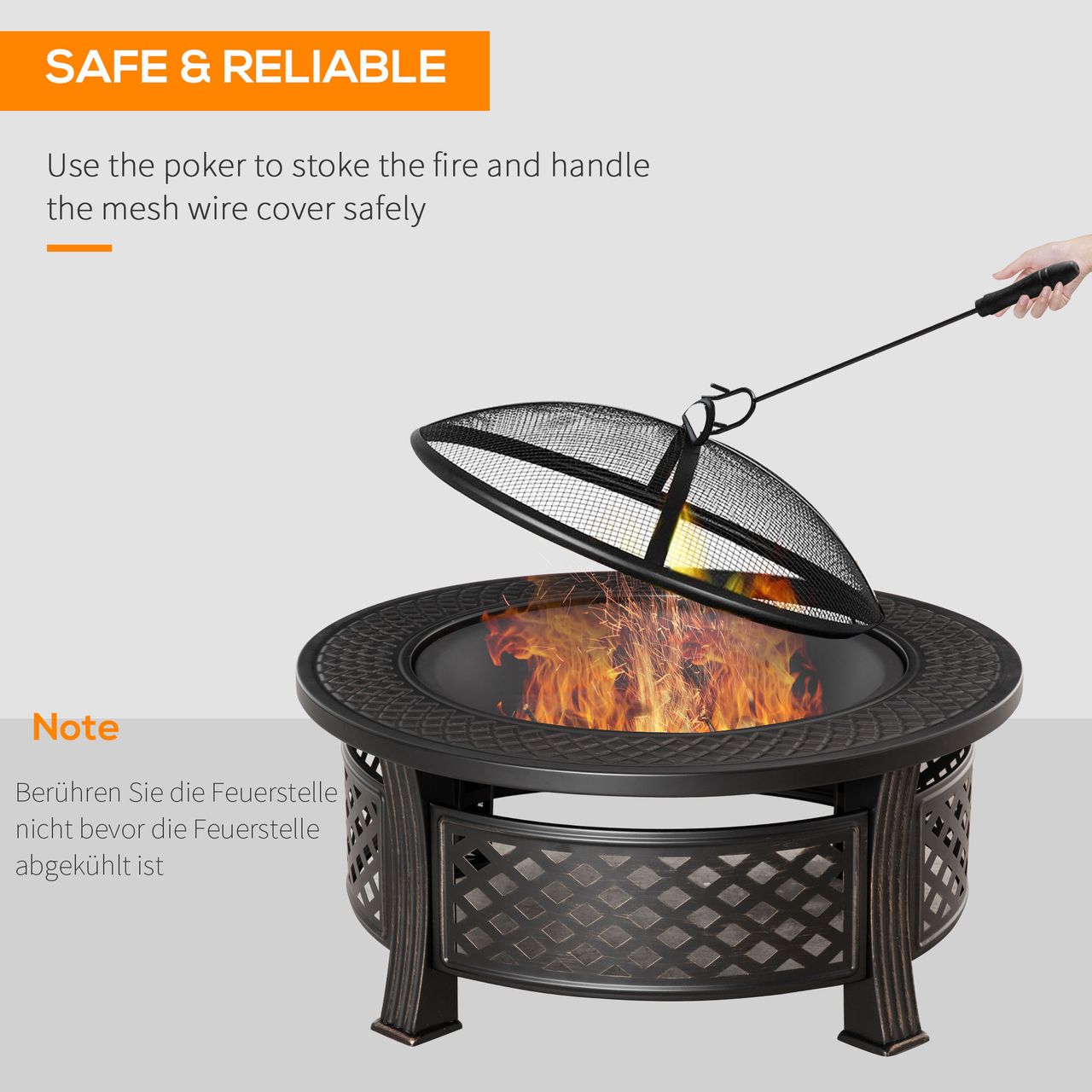 Outsunny Feuerschale mit Schürhaken Funkenschutz Feuerkorb Feuertisch rund Feuerstelle für Garten Camping BBQ Stahl Schwarz 81 x 81 x 50 cm