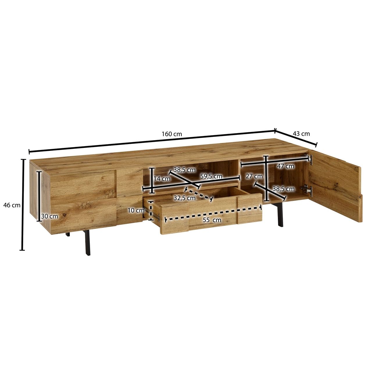 Skyport WOHNLING TV Schrank 160x46x43 cm Lowboard Holz Fernsehkommode Fernsehschrank