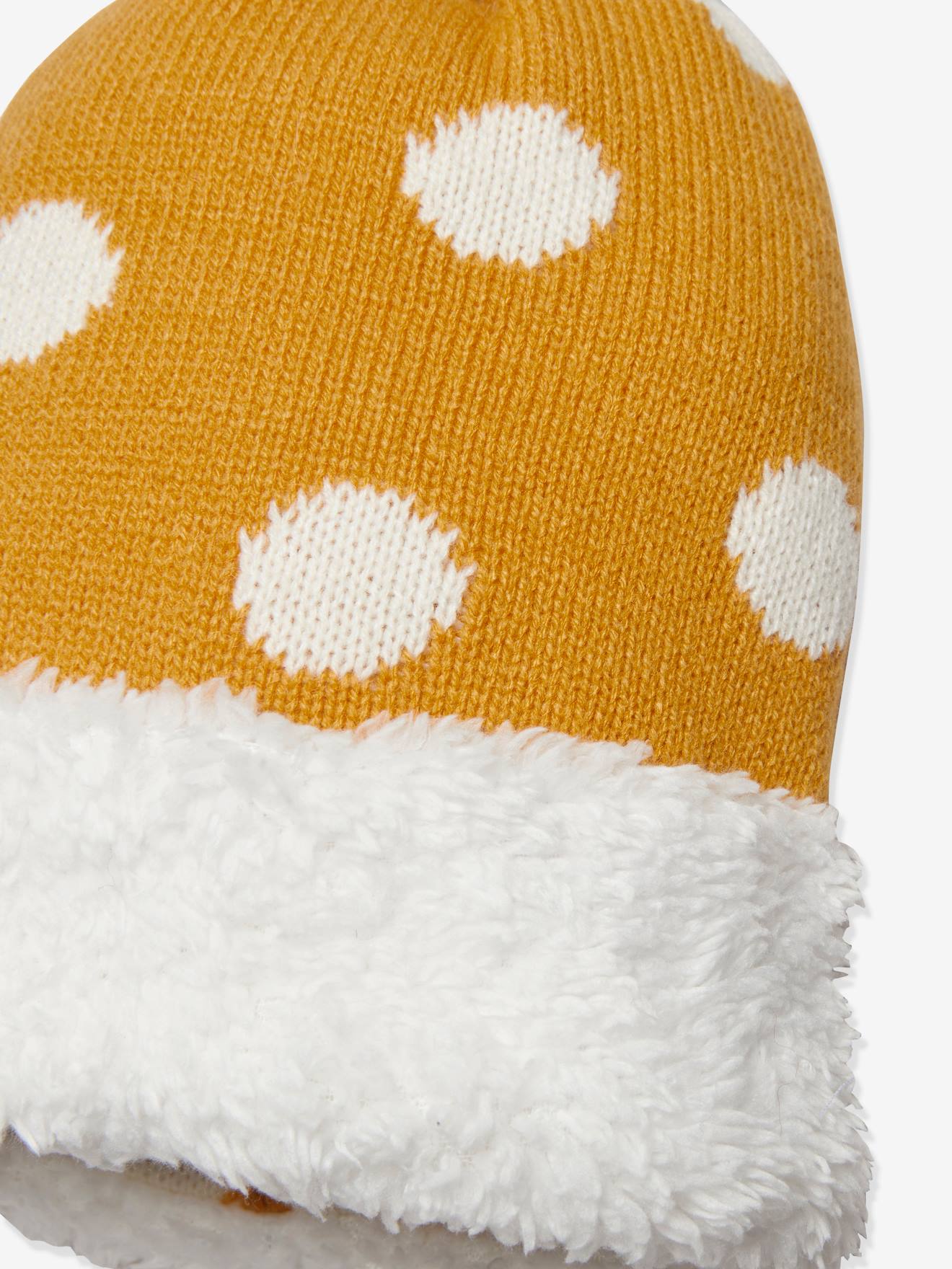 Bonnet fille en maille à pois et fausse fourrure moutarde imprimé