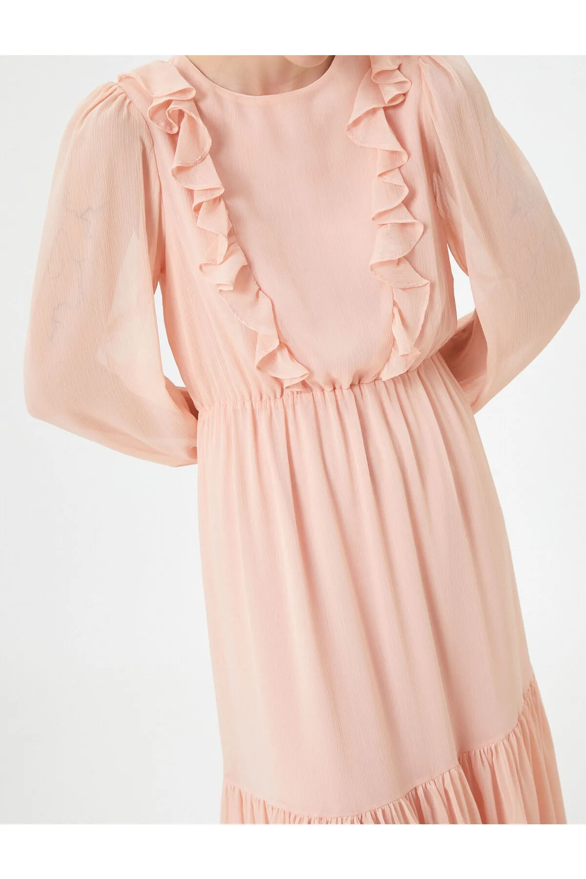 Koton  Chiffon-langes Kleid, Ballonärmel, Rüschen, Rundhalsausschnitt