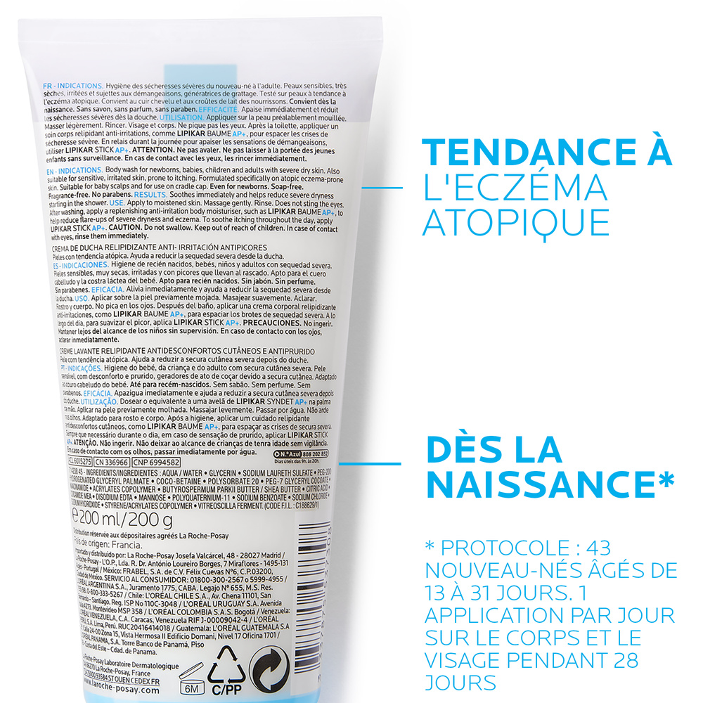 La Roche-Posay Lipikar Syndet AP+ Crème lavante relipidante 200ml Crème lavante nourissons, enfants et adultes anti irritations, anti grattage