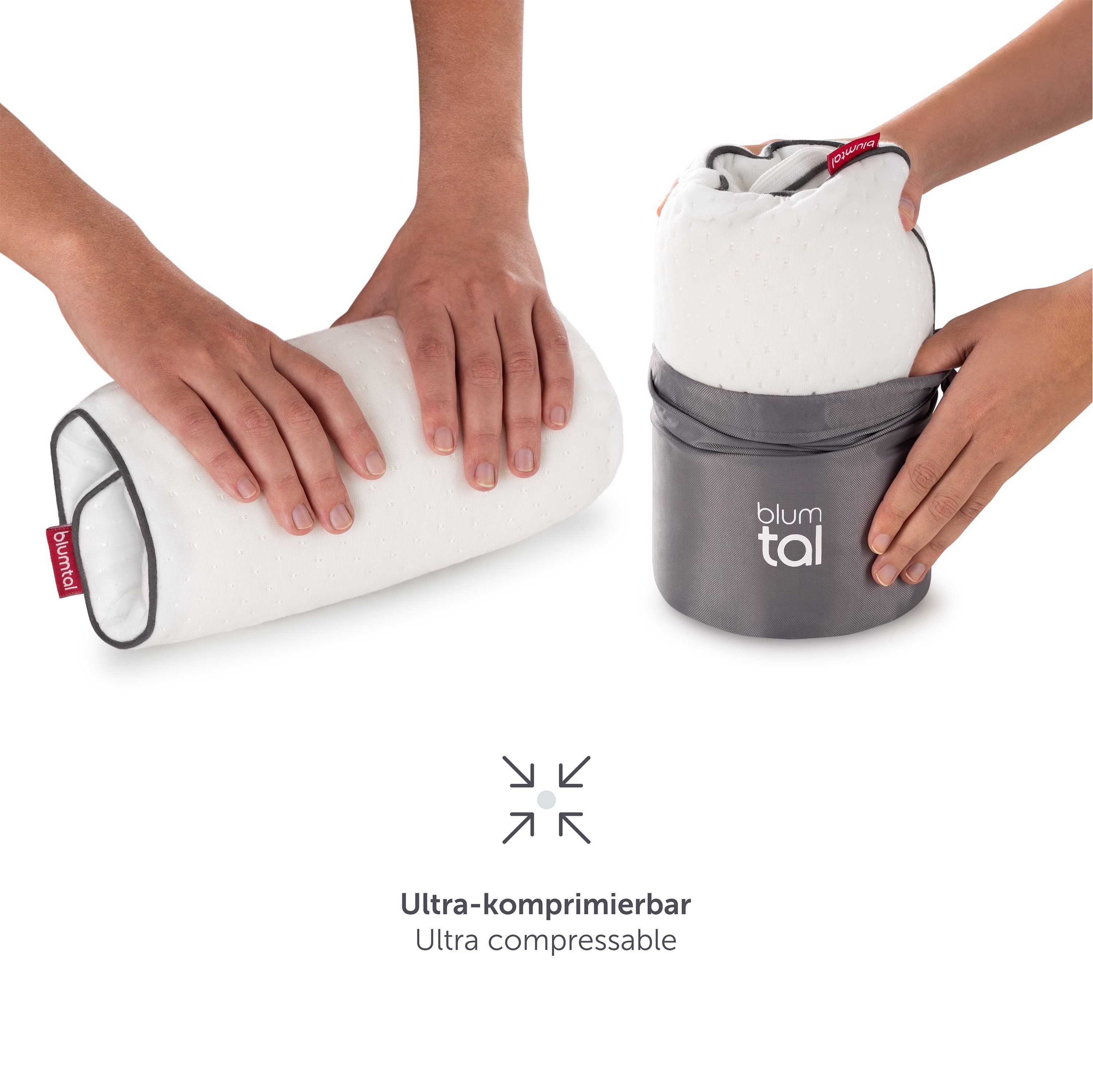 Blumtal Reisekissen Visco-Schaum Reisekissen Memory Foam - Reise Nackenkissen mit Tasche, mit Jersey Bezug, komprimierbar, ideales Camping Kopfkissen