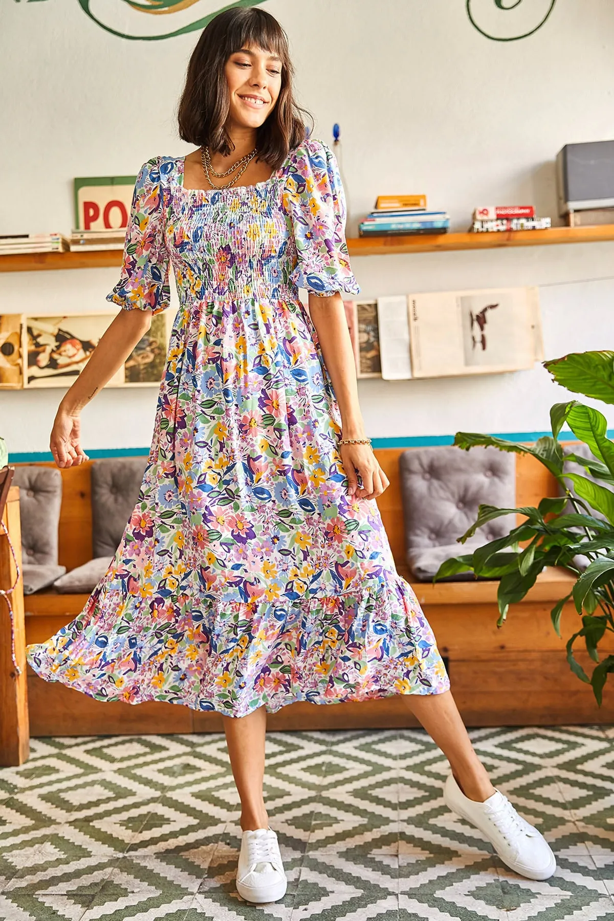 Olalook  Mehrfarbiges Gimped Casual-Kleid aus gewebter Viskose für Damen ELB-19001483