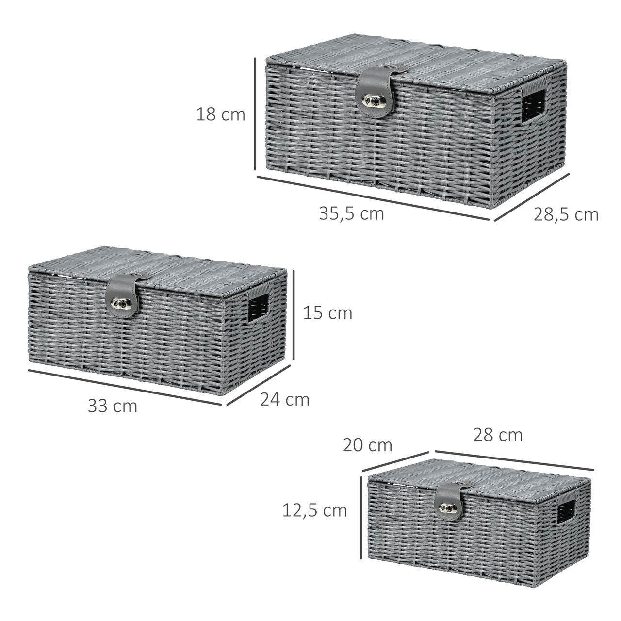 HOMCOM Rattan Aufbewahrungsboxen 3er-Set 18L, 12L, 7L Aufbewahrungskorb