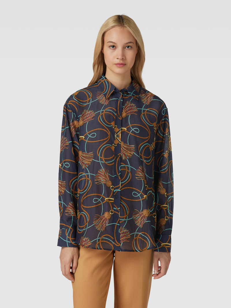 Bluse aus Baumwoll-Seide-Mix mit Allover-Muster in marineblau