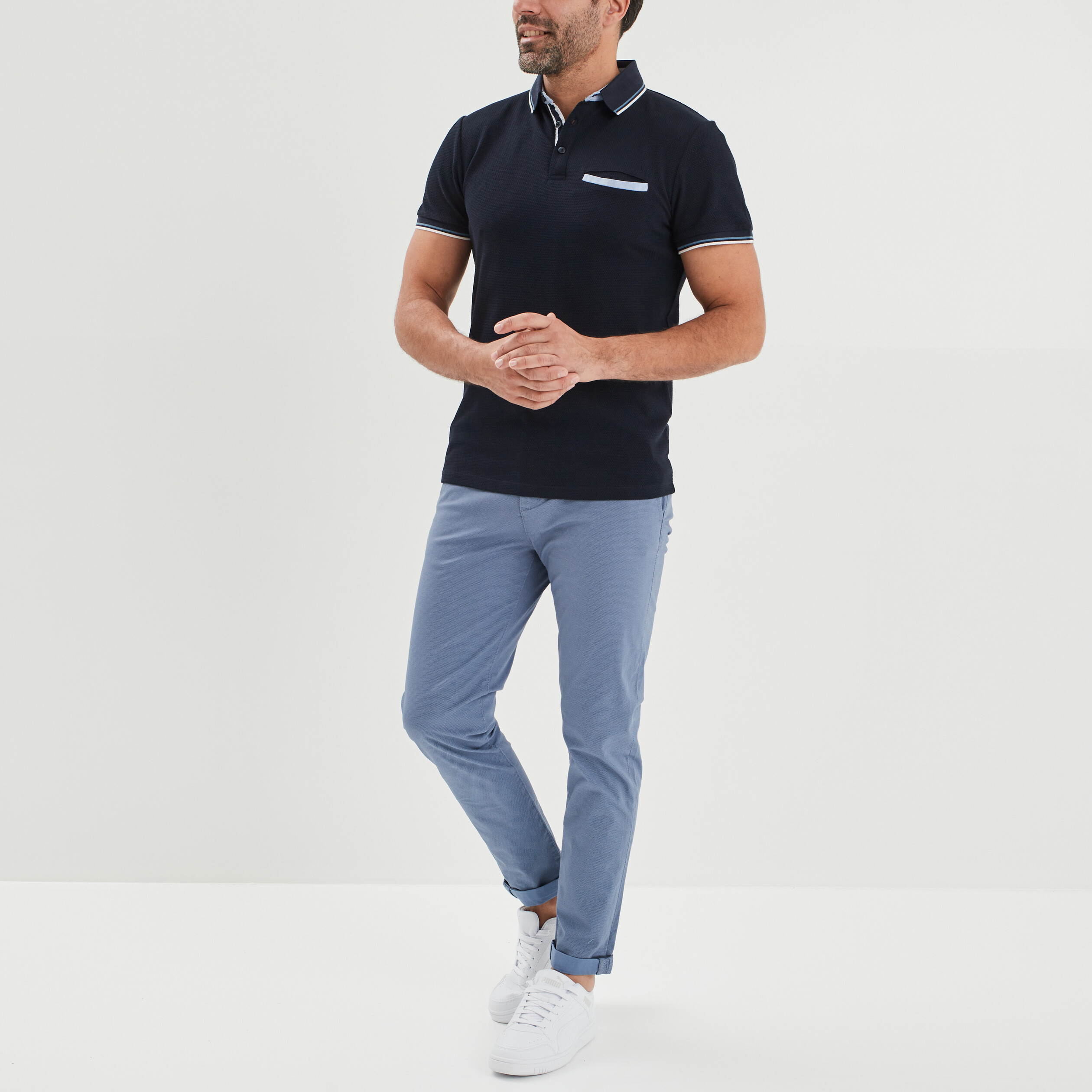 Polo manches courtes 1 poche coton bleu marine homme | La Halle