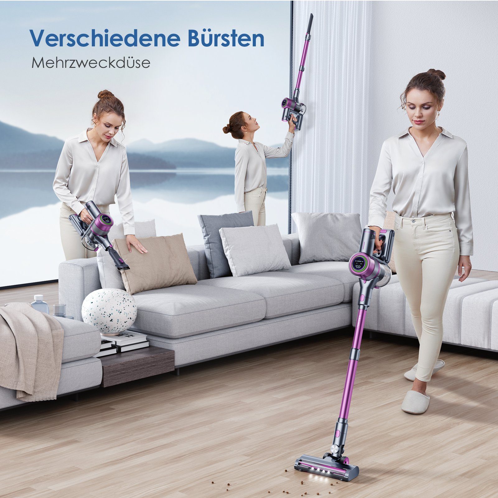 oyajia Akku-Hand-und Stielstaubsauger Smart 6 in 1 Kabellos Akkusauger 25,9V Ladestation & Halterung 2-in-1, 265,00 W, beutellos, 25kPA mit 50 Min. Laufzeit für Hartboden, Teppich, Tierhaare