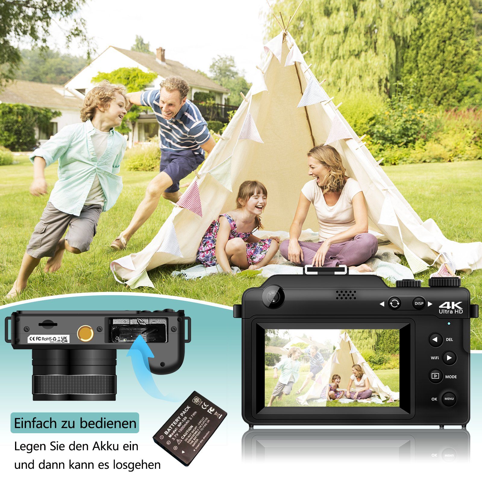 OKA Digitalkamera doppelt 48MP, 4K-Video, 18x Zoom, Anti-Schüttel 3D-Sound Kompaktkamera (48 MP, WLAN (Wi-Fi), inkl. Doppelt 13 MegaPixel Foto-Wunder, Super Bildstabilisator)