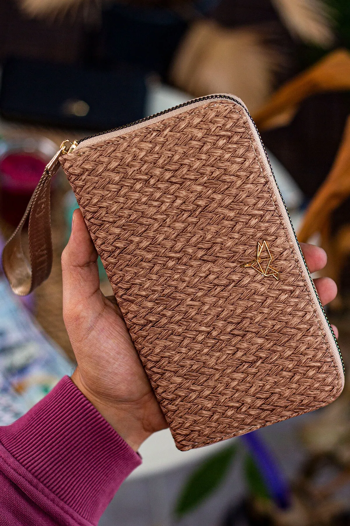 Garbalia  Tilburg Portfolio-Geldbörse mit Handgelenkgriff, Strohgeflechtmuster, Beige, mit vielen Kartenhaltern